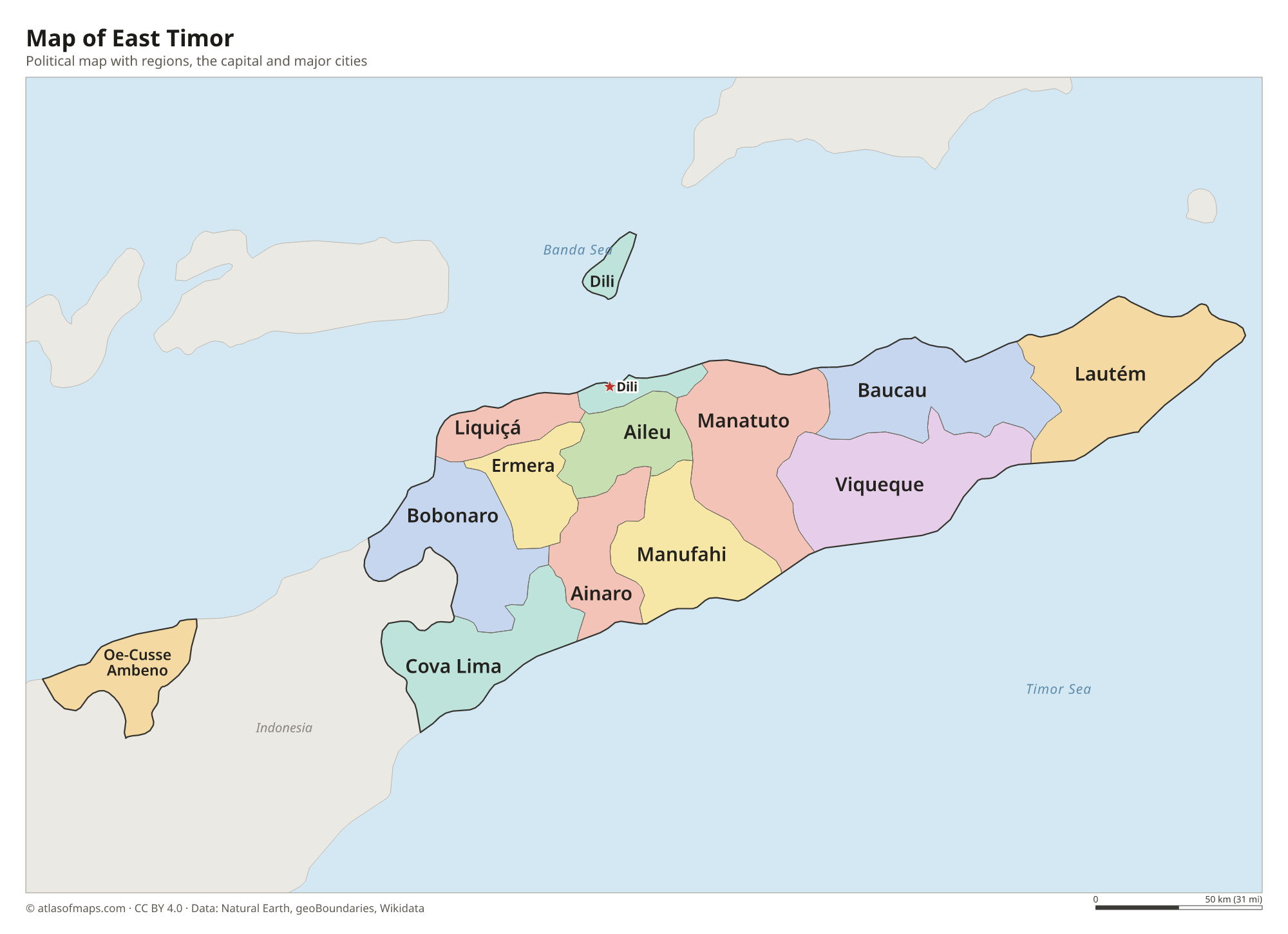 Political map of East Timor with its regions and the capital Dili