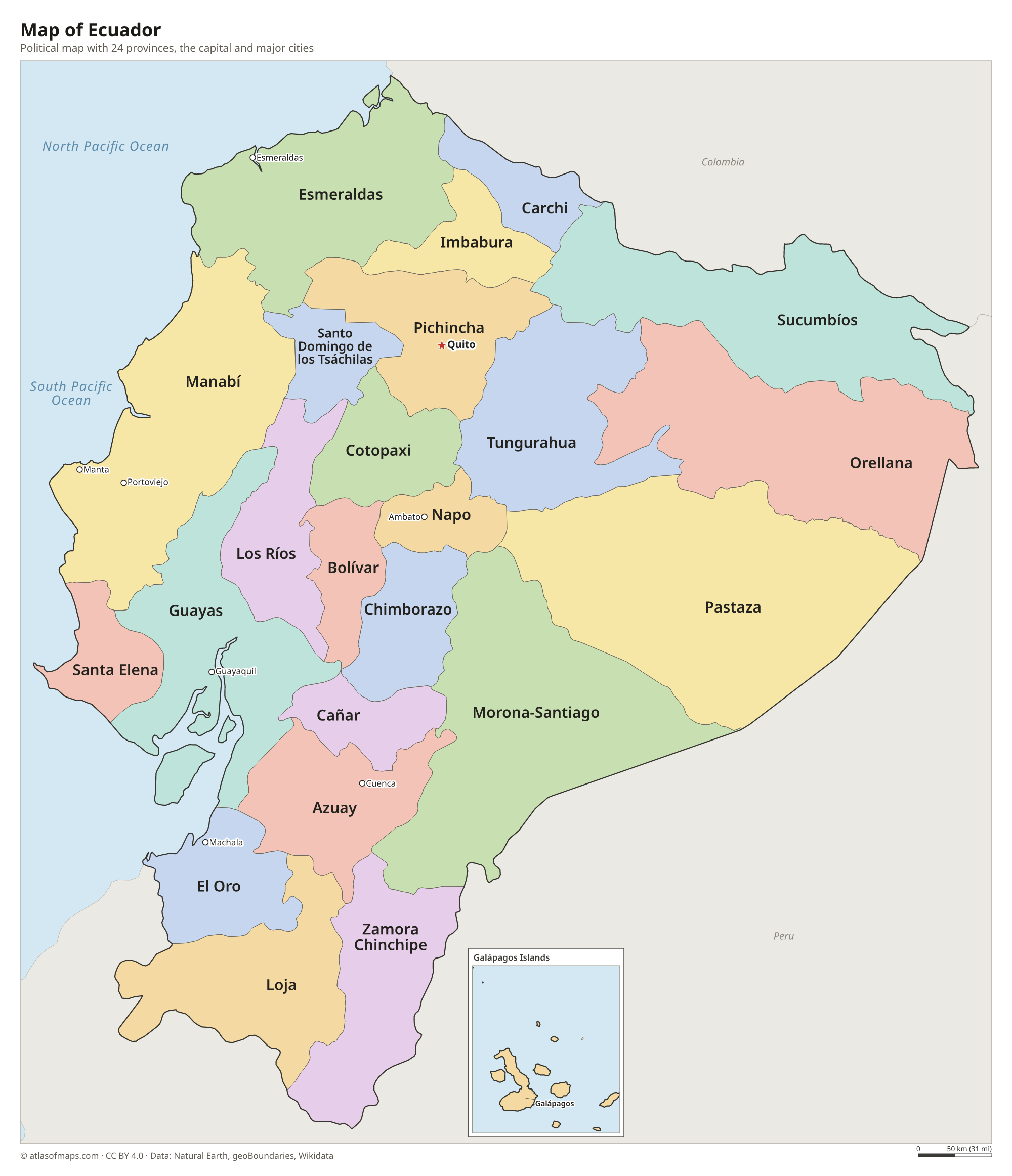 Political map of Ecuador with its provinces and the capital Quito