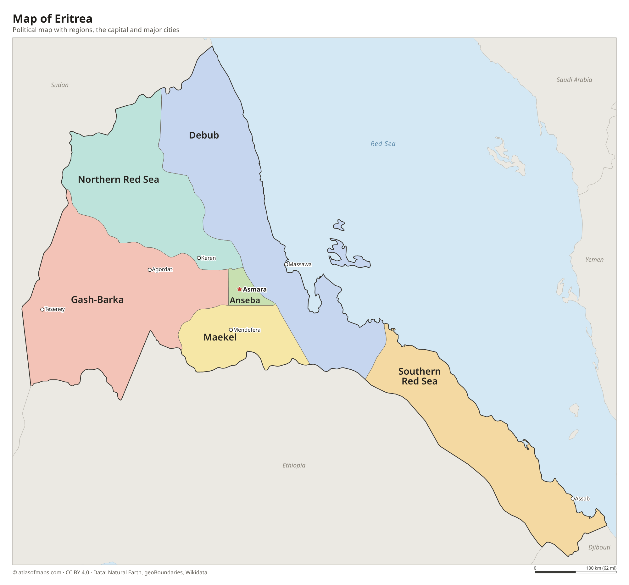 Political map of Eritrea with its regions and the capital Asmara