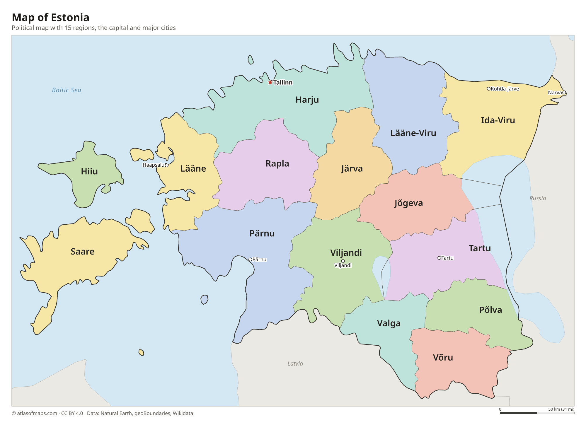 Political map of Estonia with its regions and the capital Tallinn