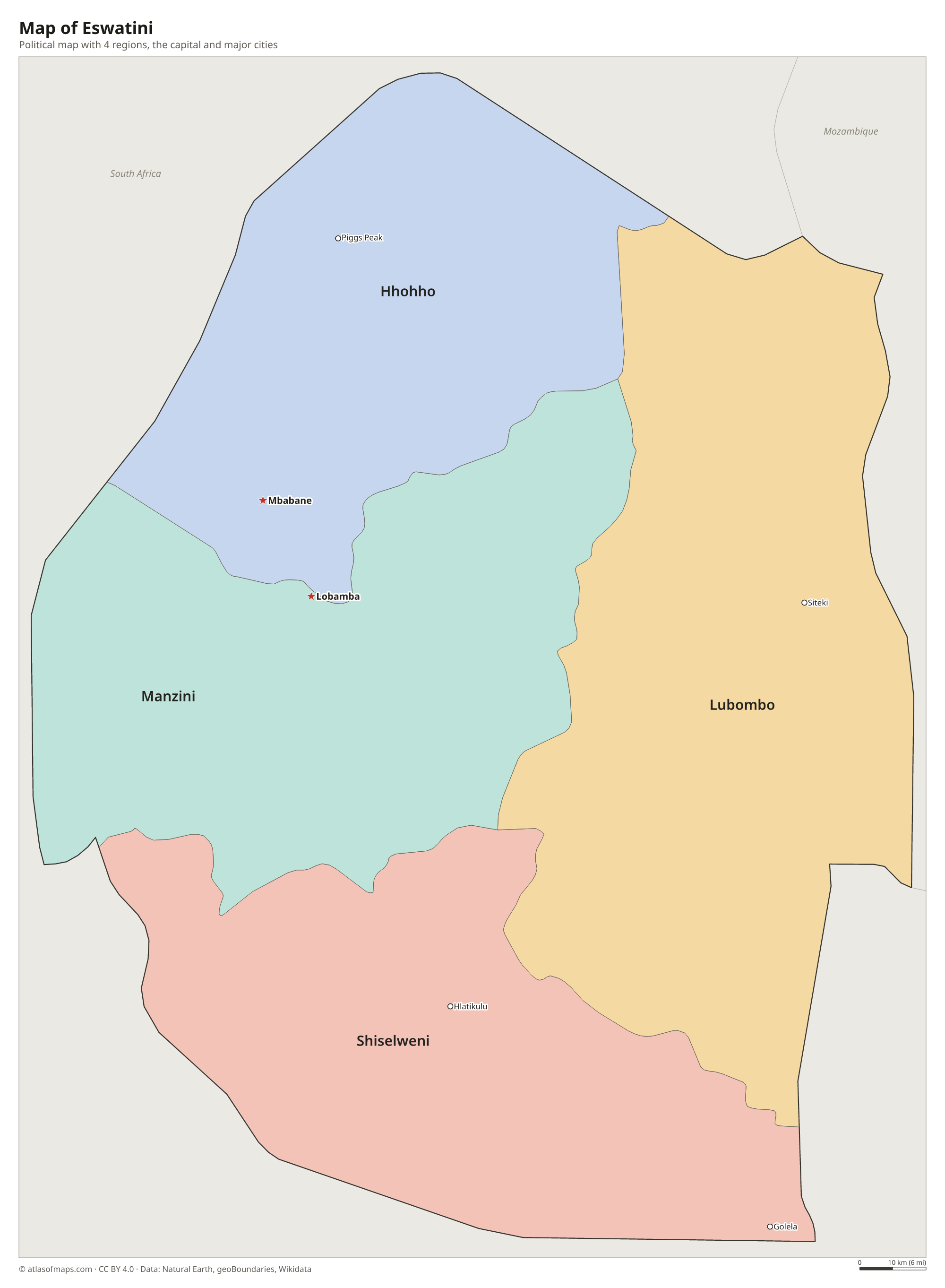 Political map of Eswatini with its regions and the capital Lobamba and Mbabane