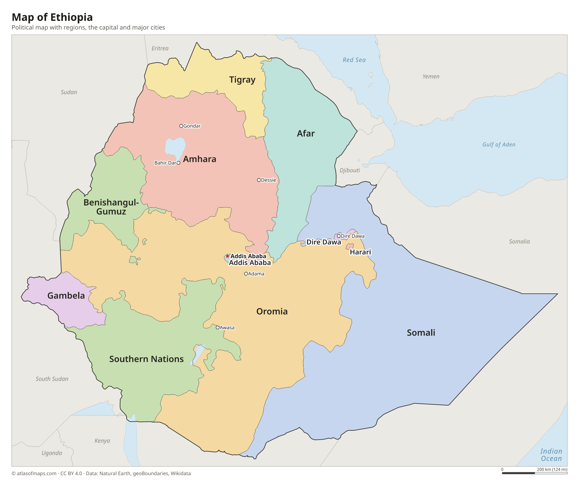 Political map of Ethiopia with its regions and the capital Addis Ababa