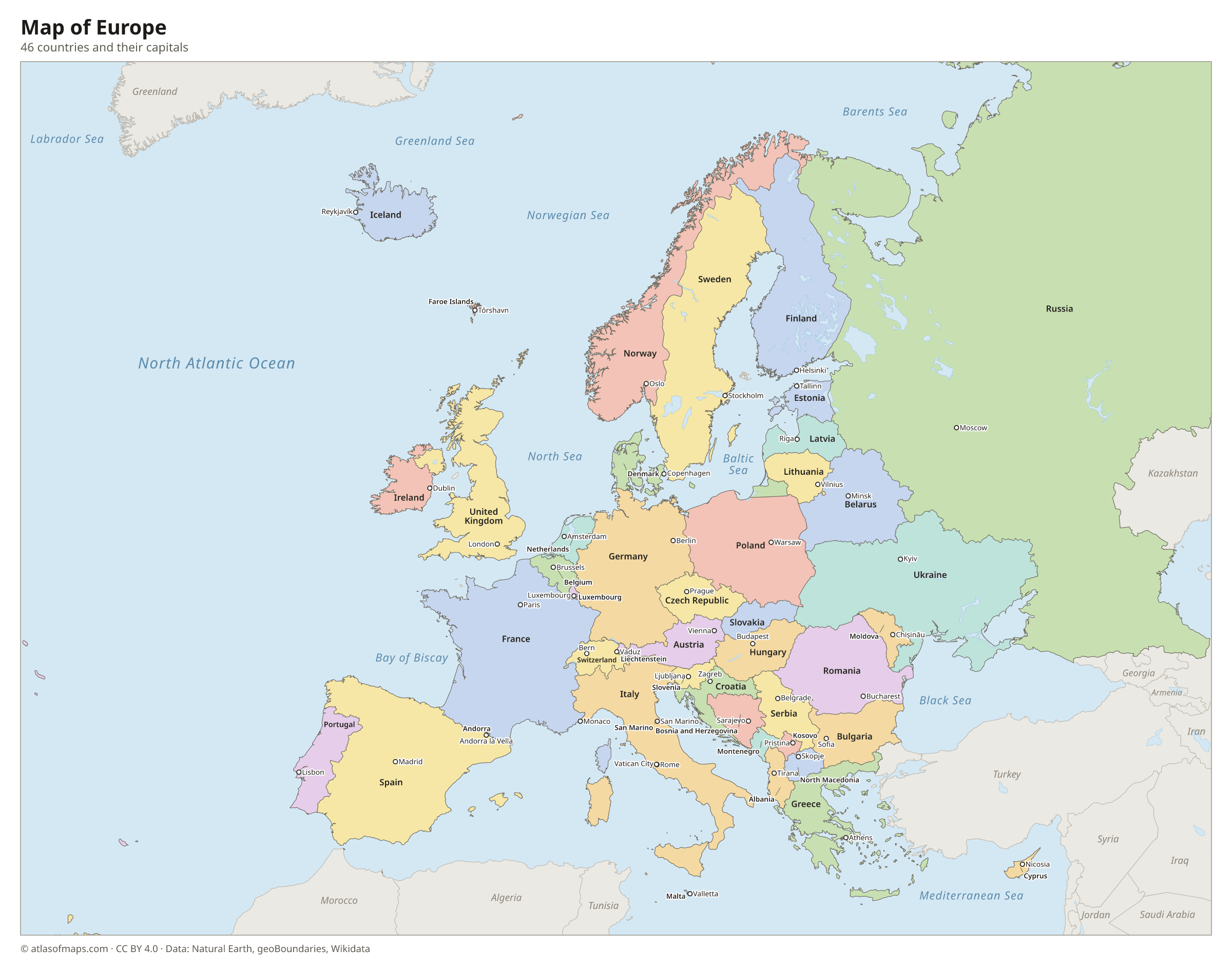 Map of Europe with the countries and their capitals