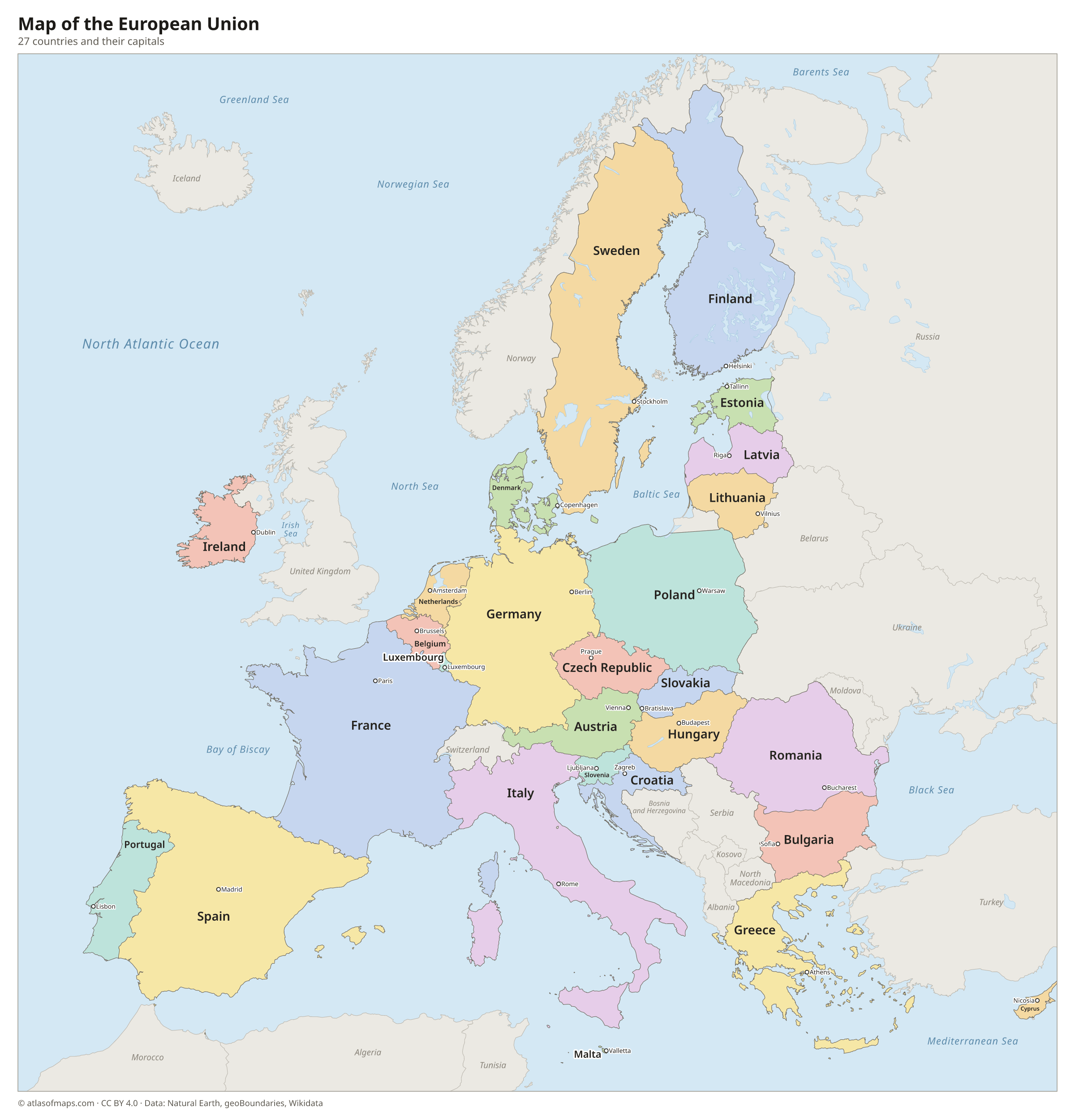 Map of the European Union with the countries and their capitals