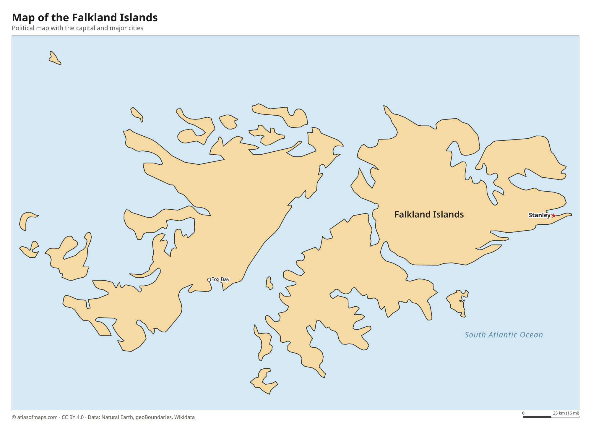 Political map of the Falkland Islands with the capital Stanley