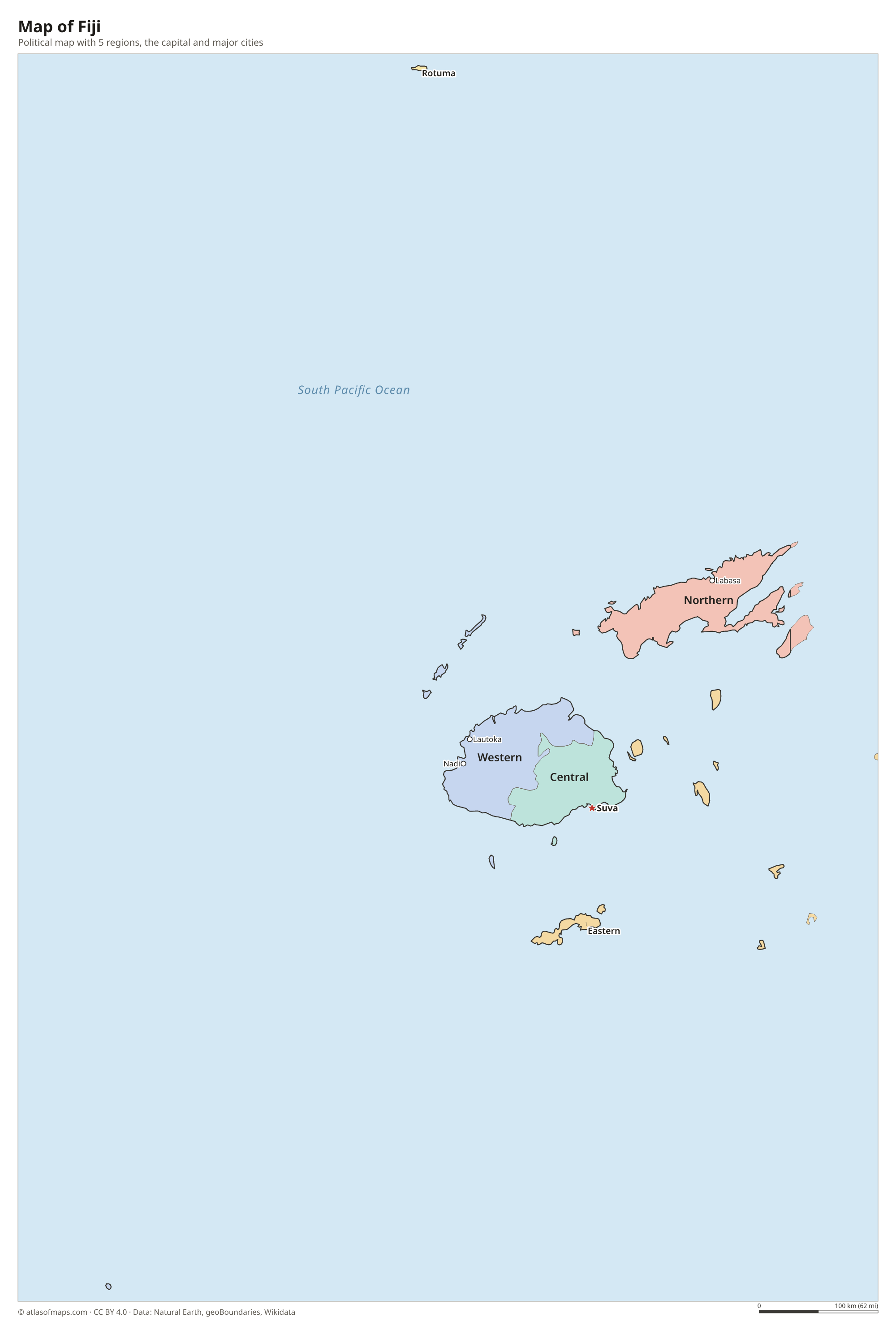 Political map of Fiji with its regions and the capital Suva