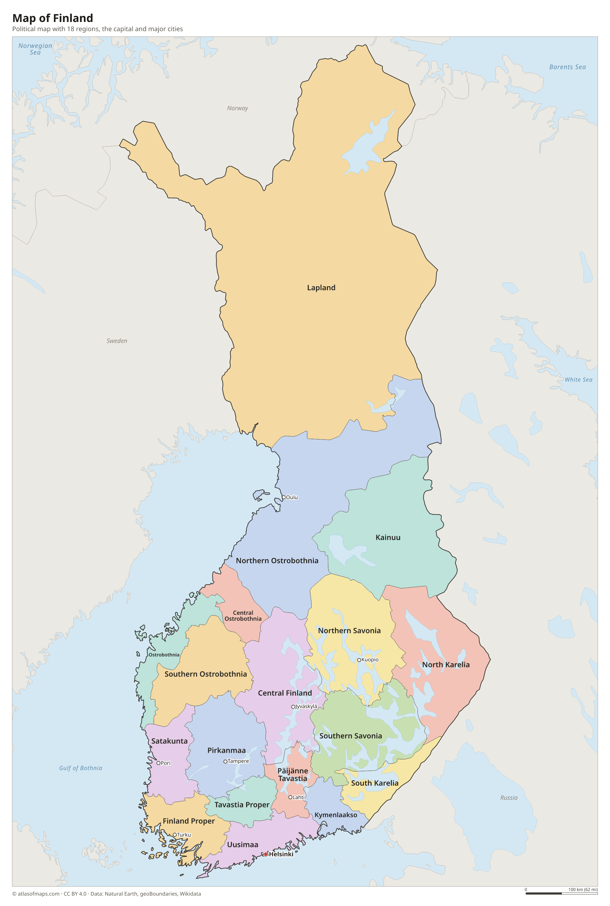 Political map of Finland with its regions and the capital Helsinki