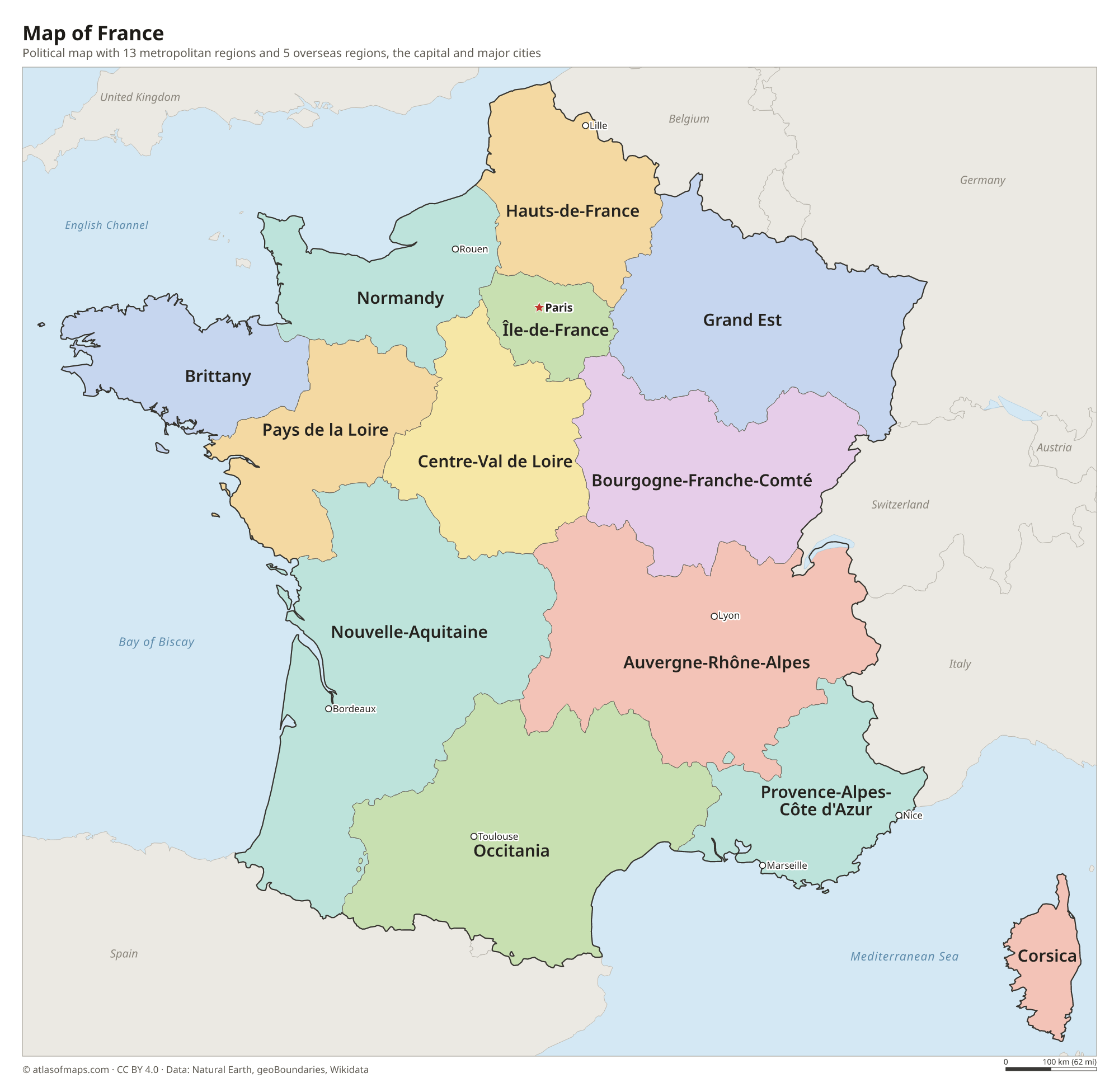 Political map of France with its regions and the capital Paris