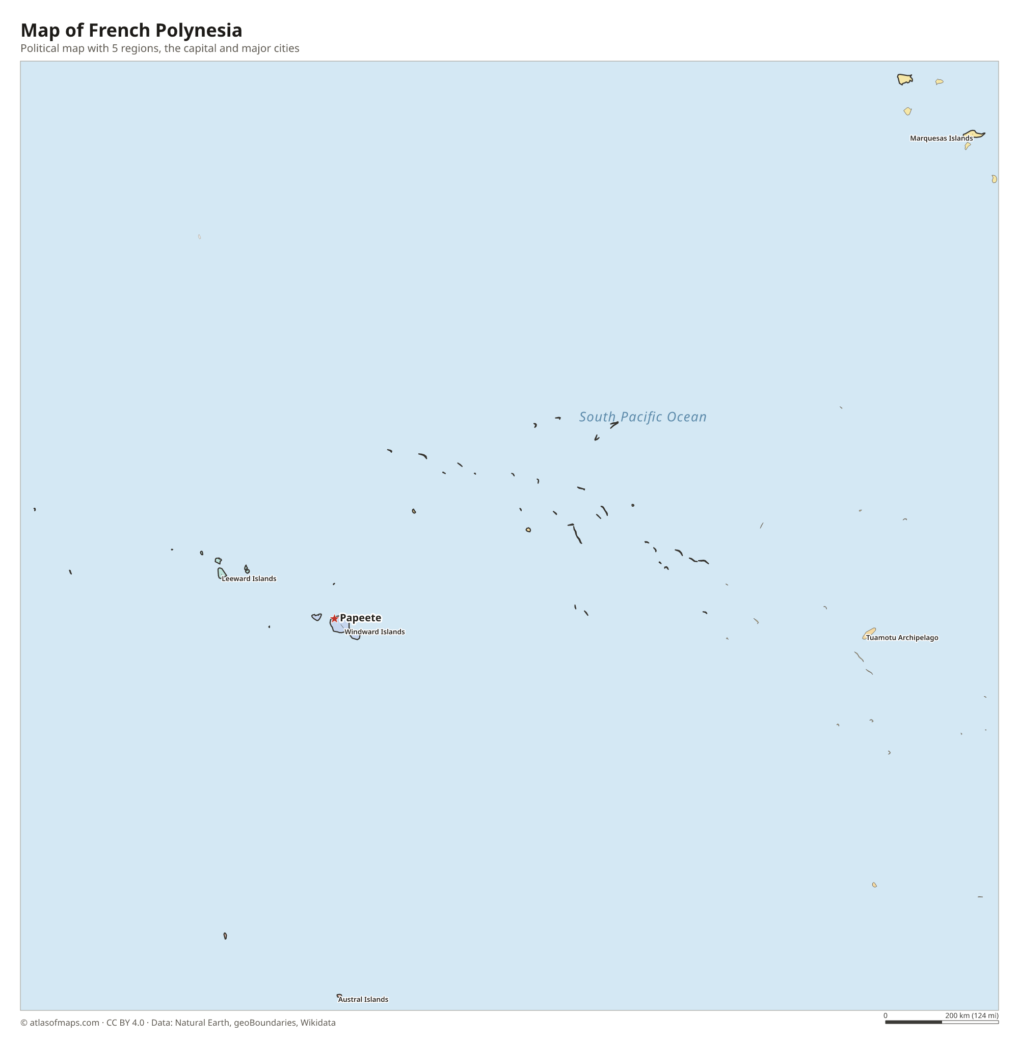 Political map of French Polynesia with its regions and the capital Papeete