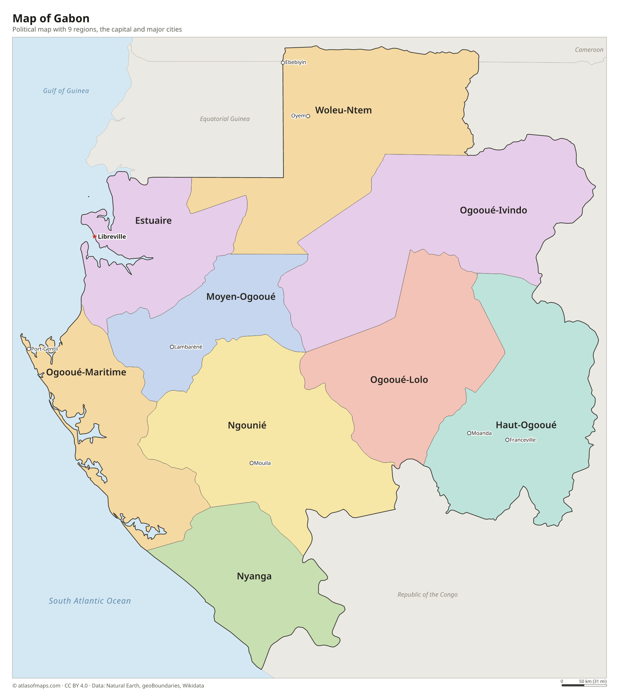 Political map of Gabon with its regions and the capital Libreville