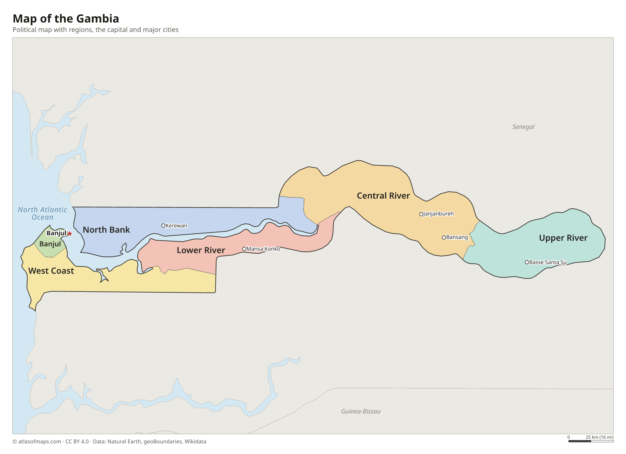 Political map of the Gambia with its regions and the capital Banjul