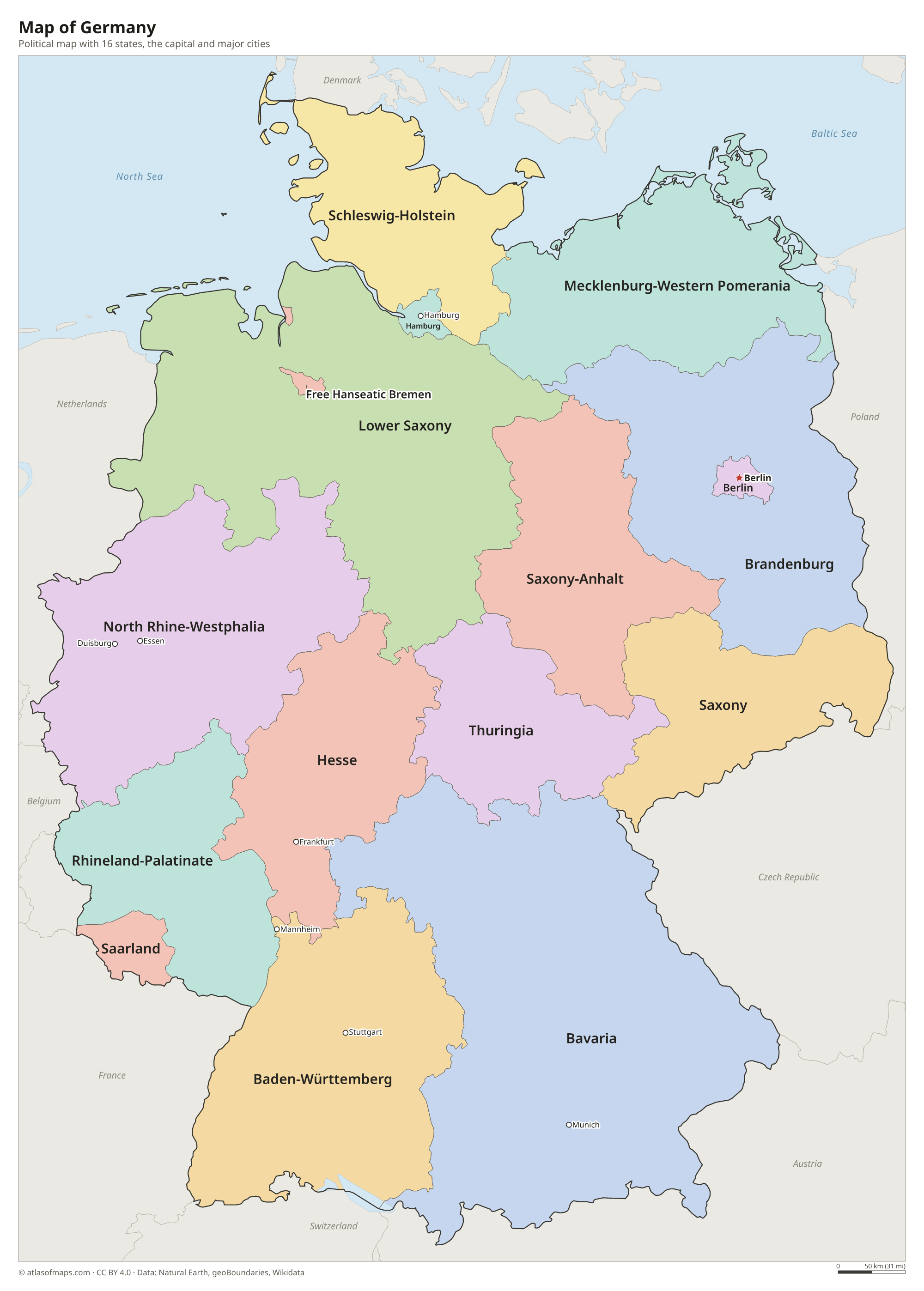 Political map of Germany with its states and the capital Berlin