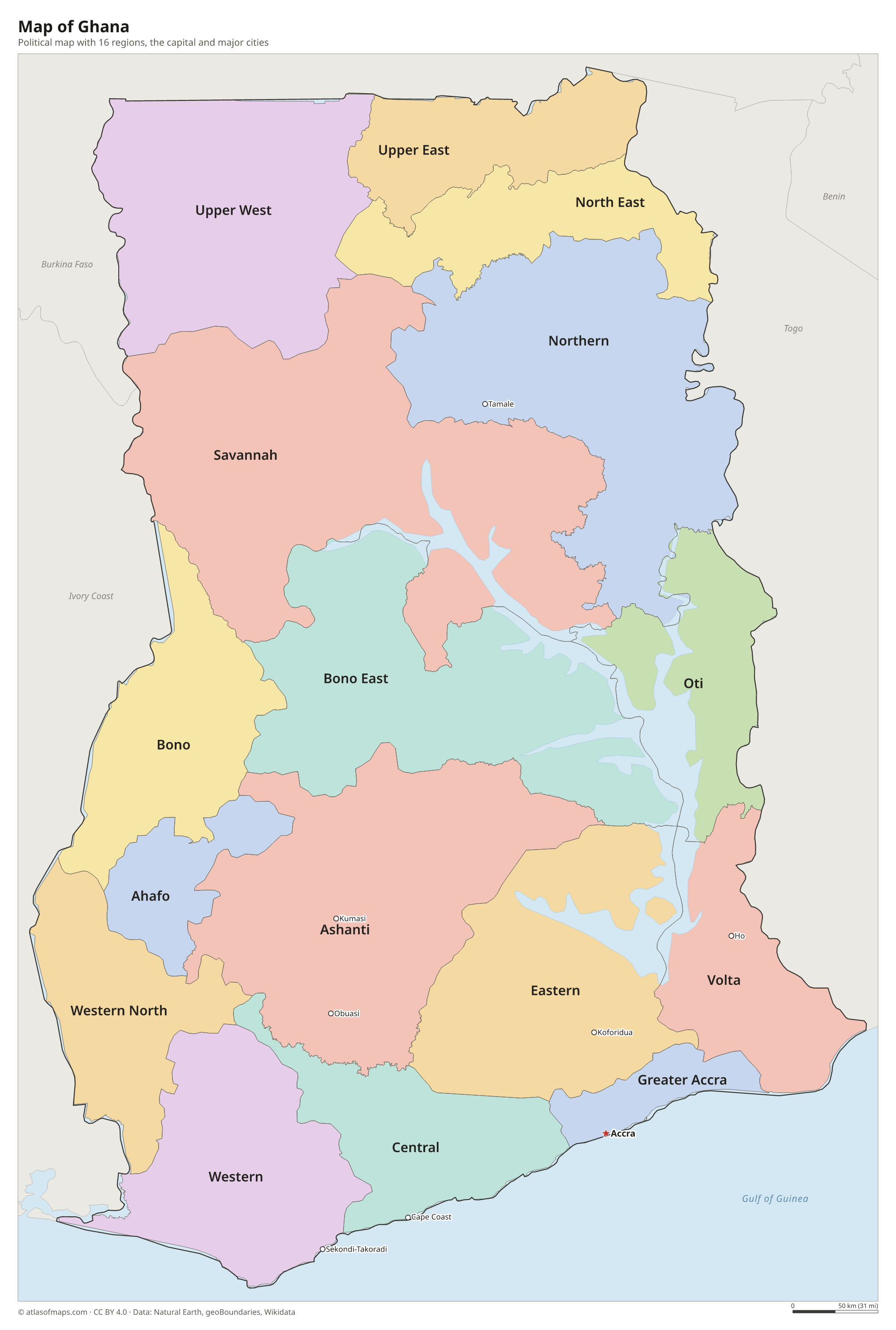 Political map of Ghana with its regions and the capital Accra