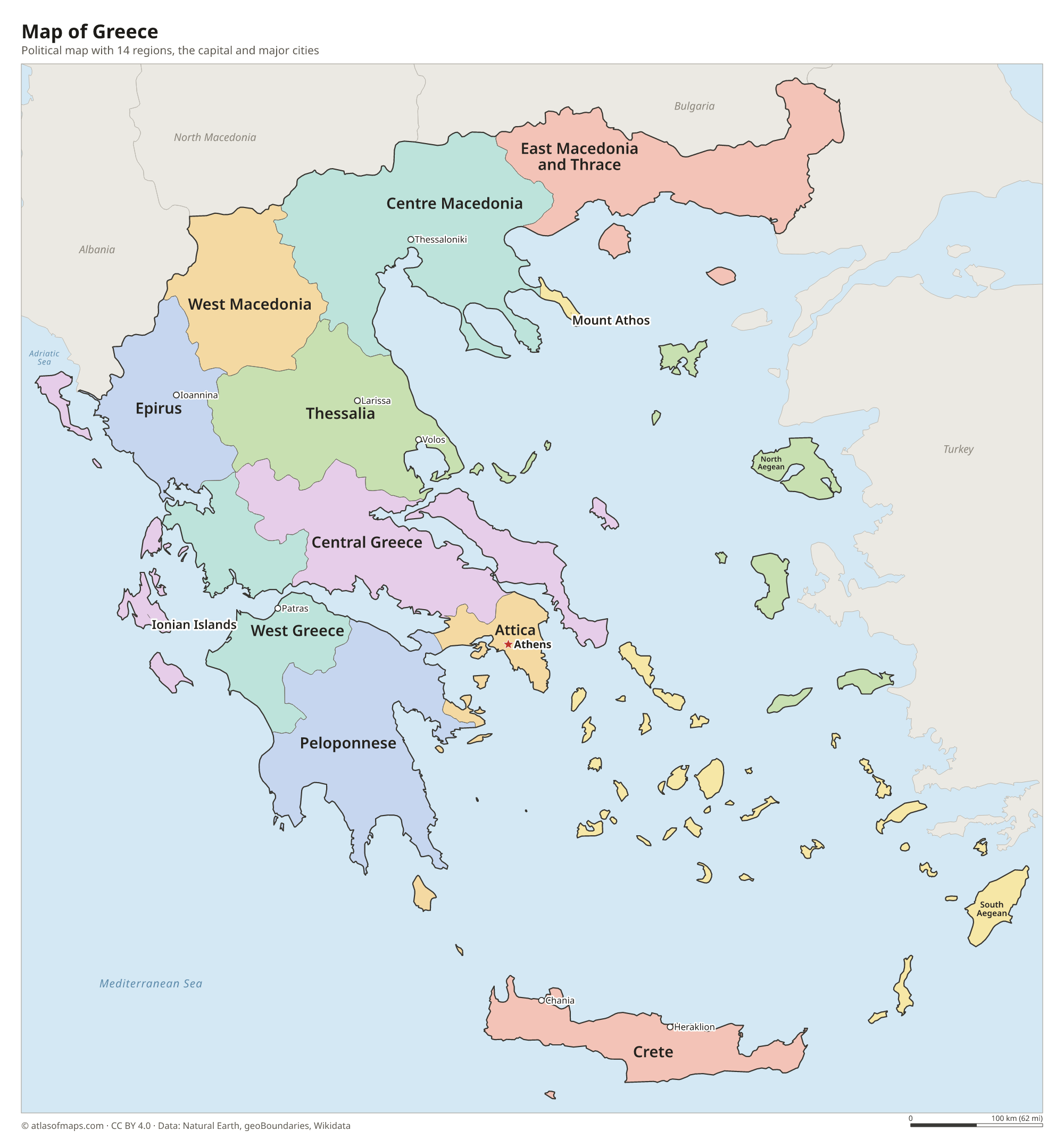 Political map of Greece with its regions and the capital Athens