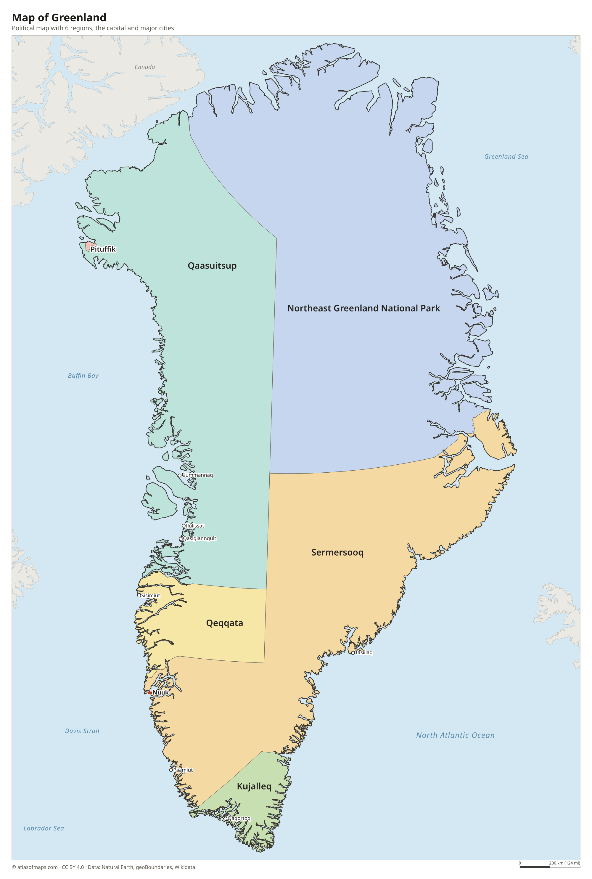 Political map of Greenland with its regions and the capital Nuuk