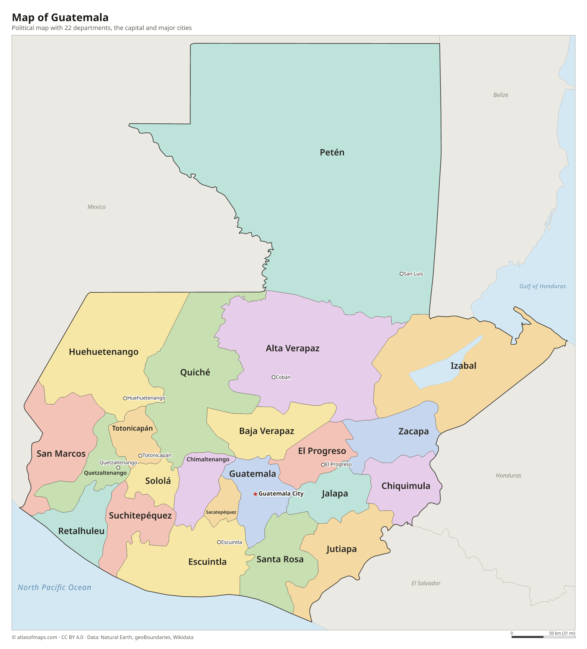 Political map of Guatemala with its departments and the capital Guatemala City
