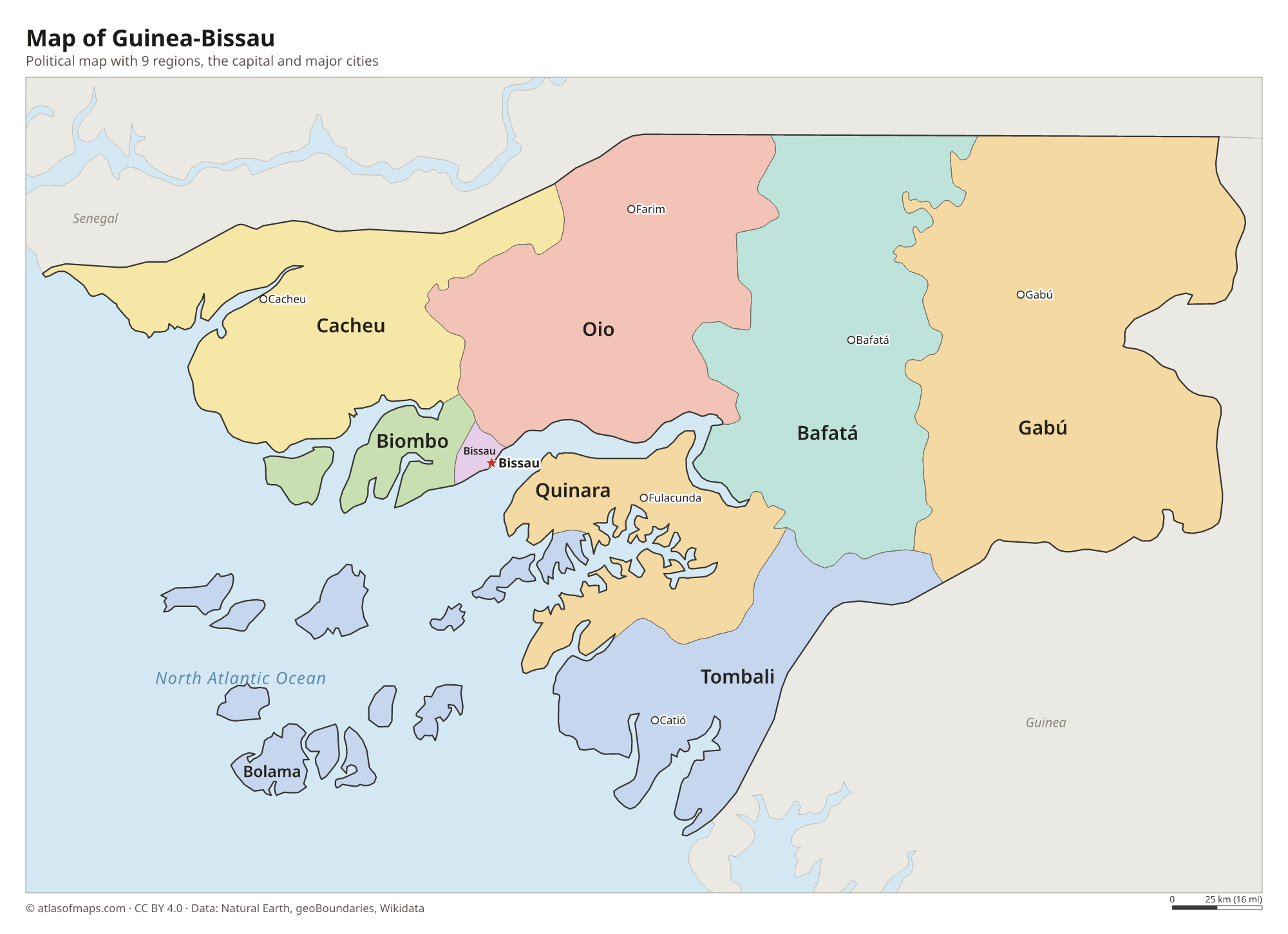 Political map of Guinea-Bissau with its regions and the capital Bissau