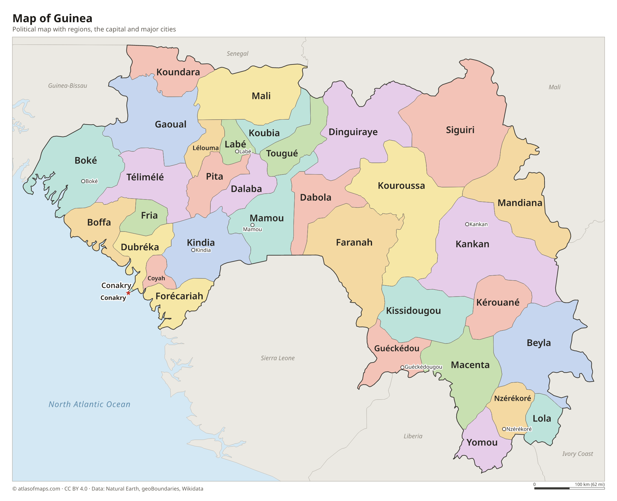 Political map of Guinea with its regions and the capital Conakry