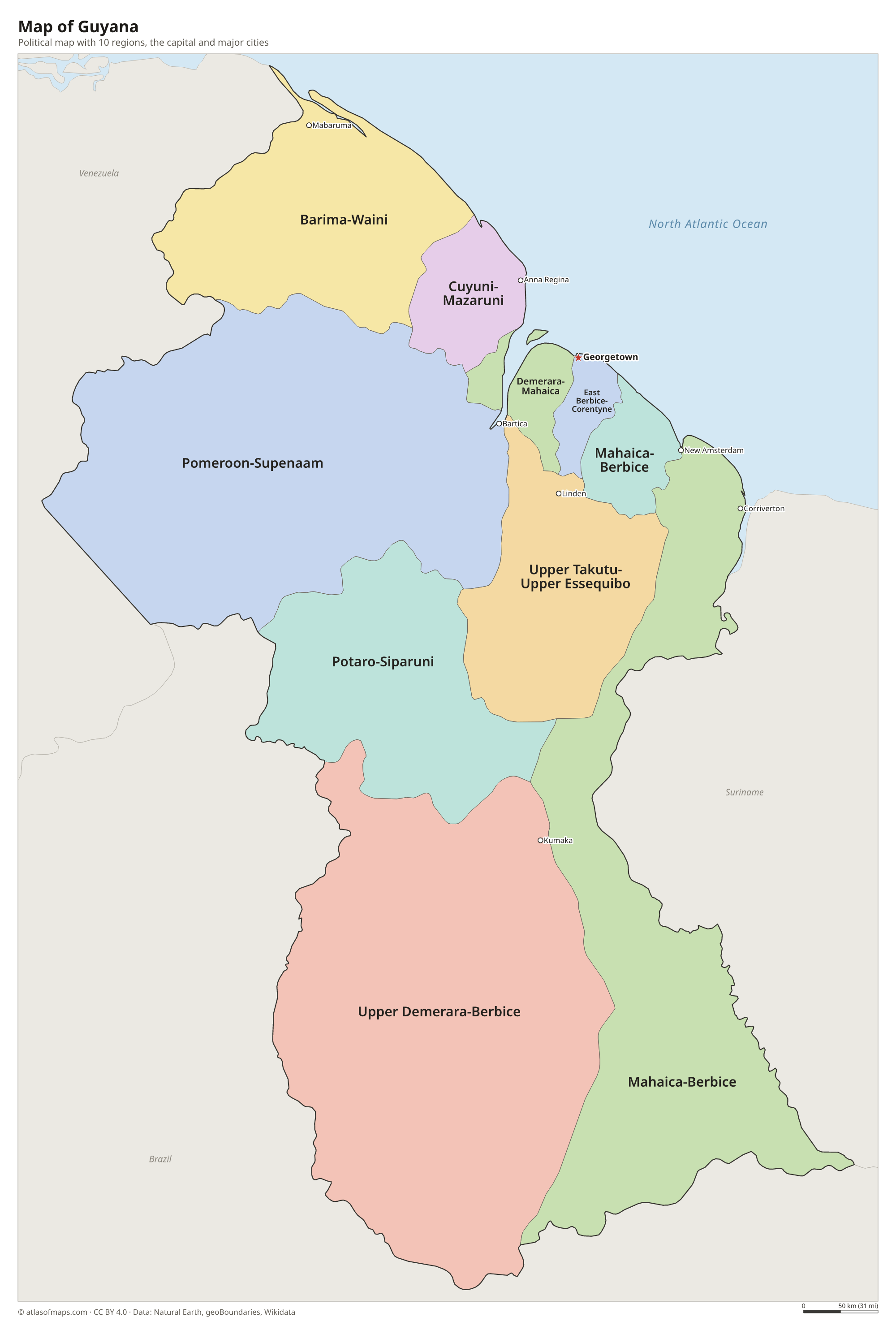 Political map of Guyana with its regions and the capital Georgetown