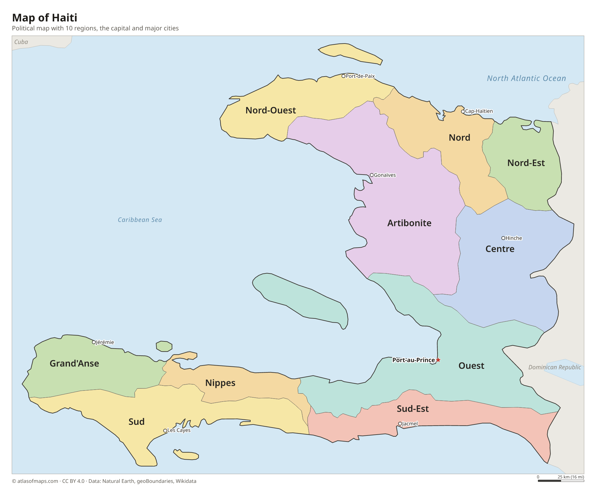 Political map of Haiti with its regions and the capital Port-au-Prince