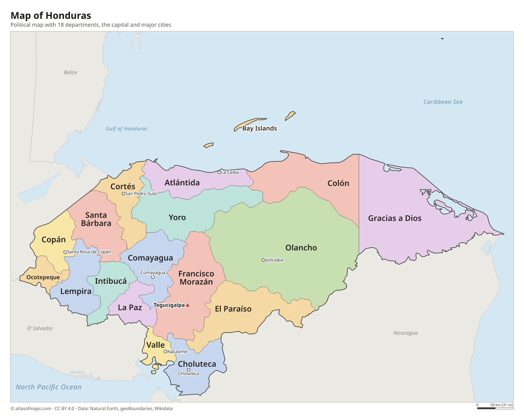 Political map of Honduras with its departments and the capital Tegucigalpa