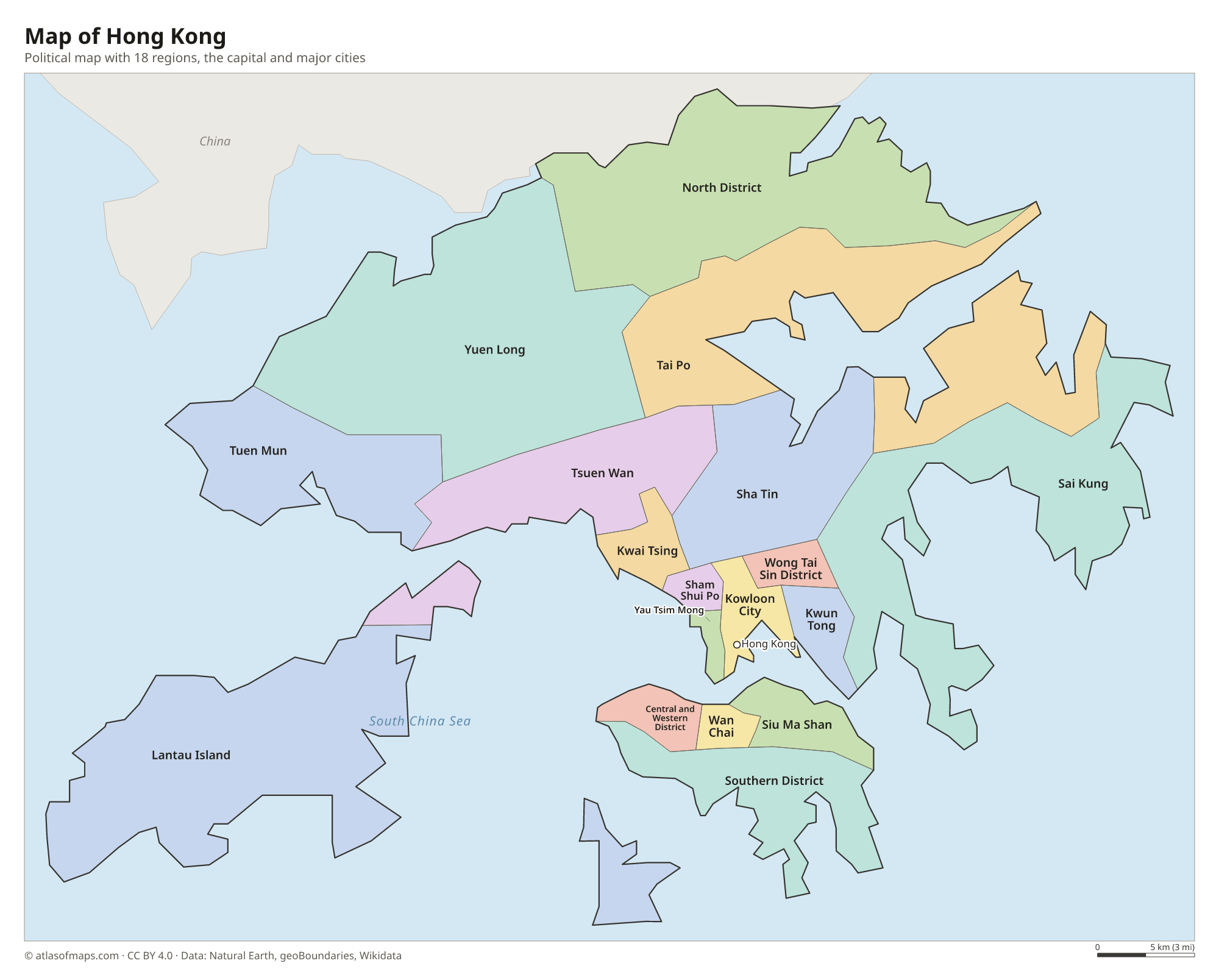Political map of Hong Kong with its regions and the capital