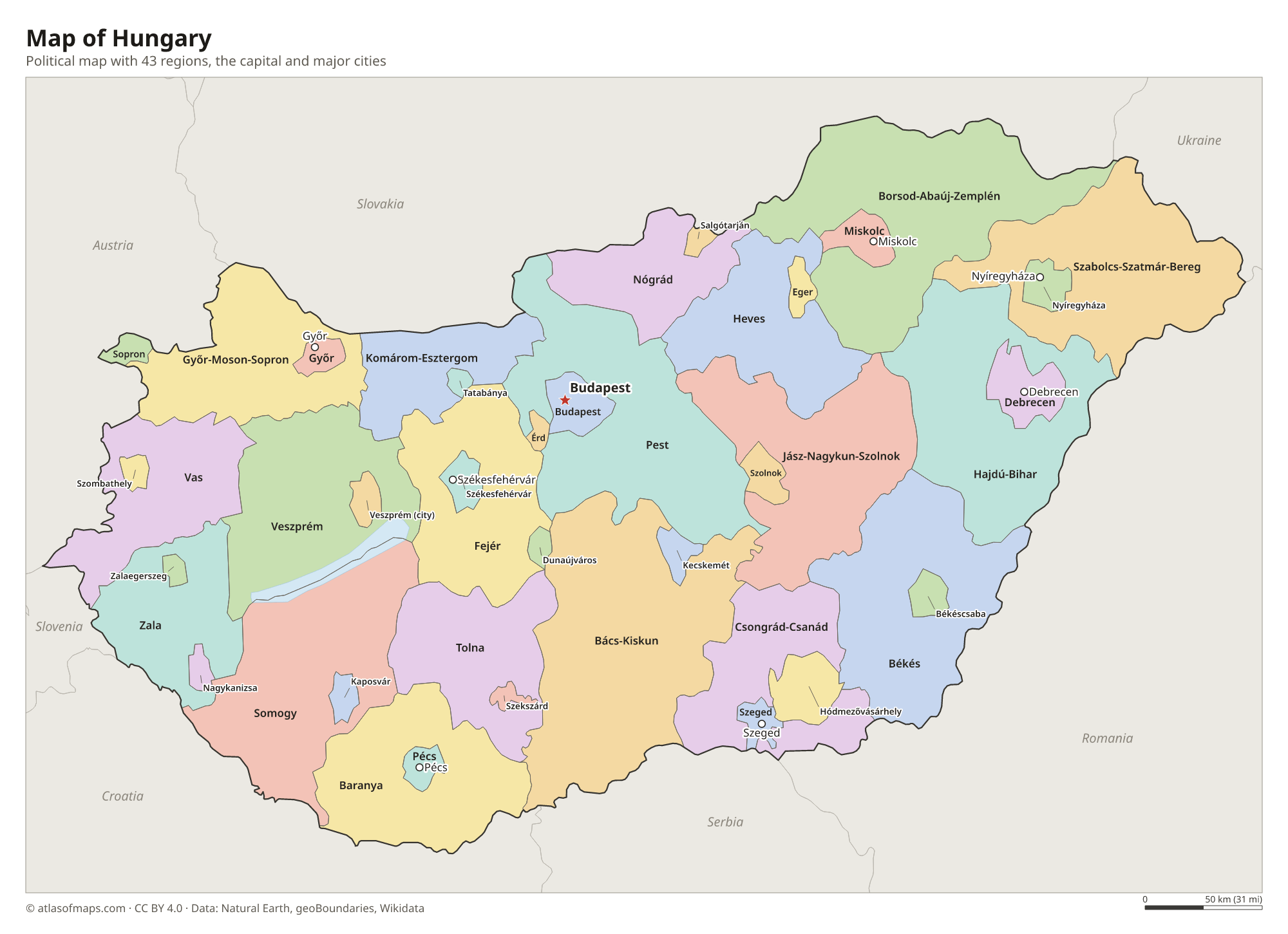 Political map of Hungary with its regions and the capital Budapest