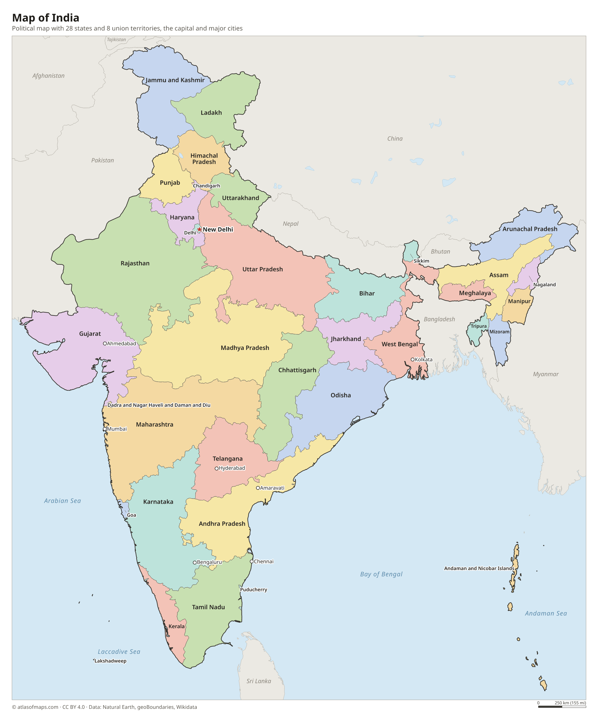 Political map of India with its states and union territories and the capital New Delhi