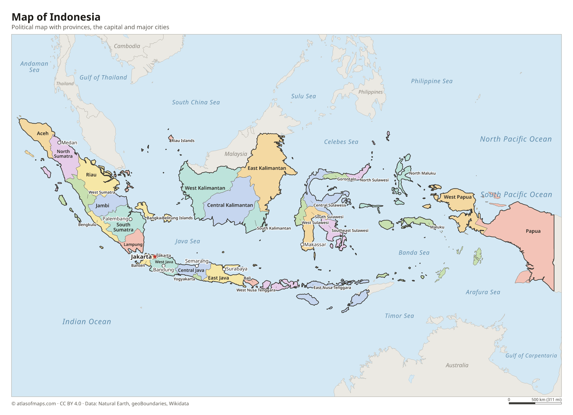 Political map of Indonesia with its provinces and the capital Jakarta