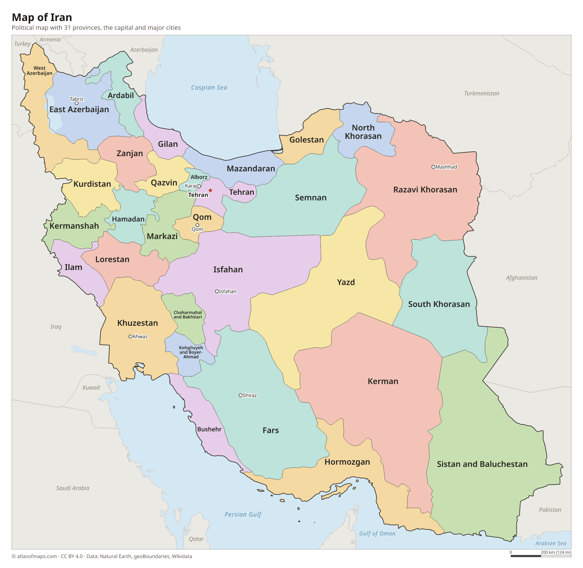 Political map of Iran with its provinces and the capital Tehran