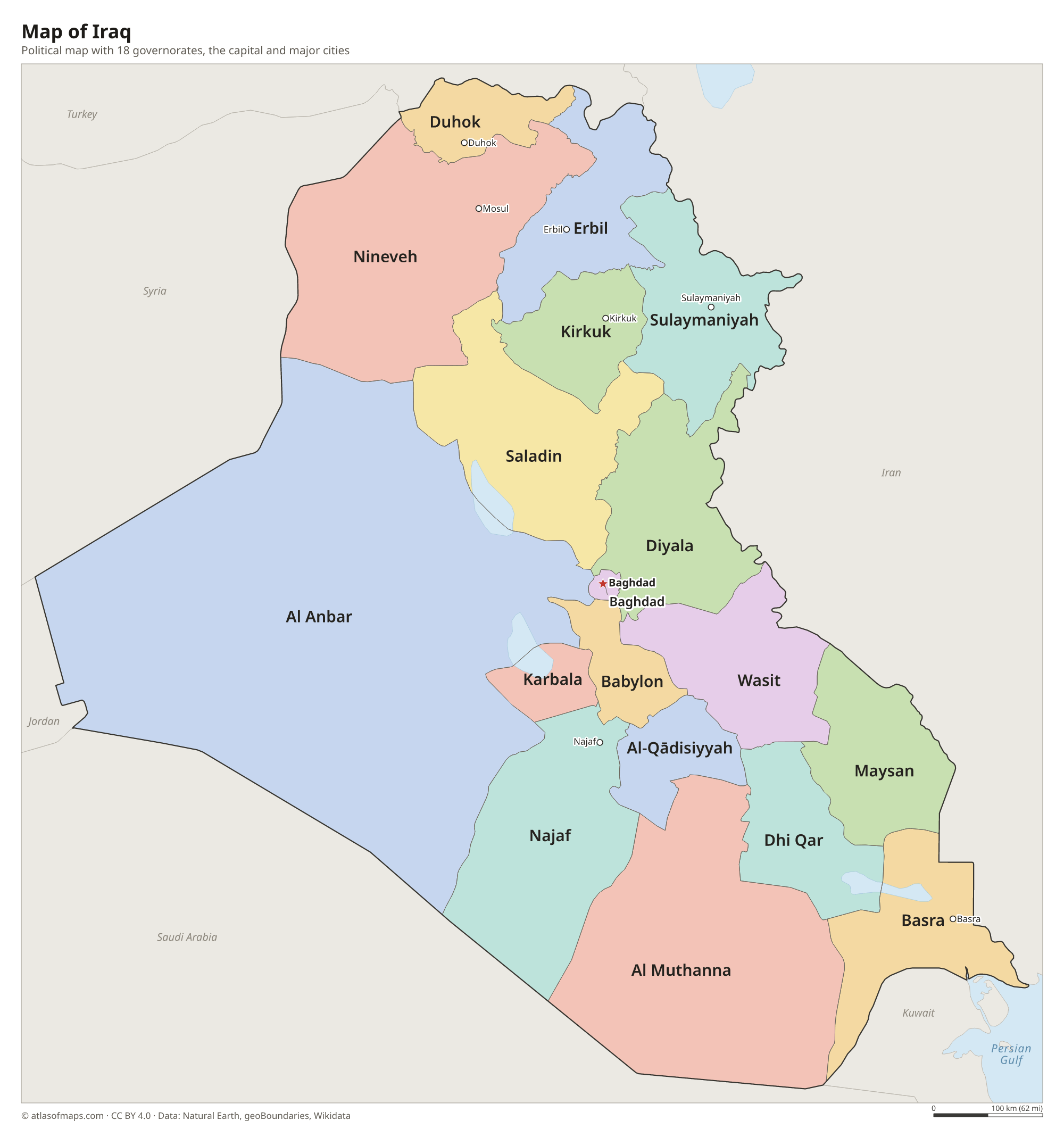Political map of Iraq with its governorates and the capital Baghdad