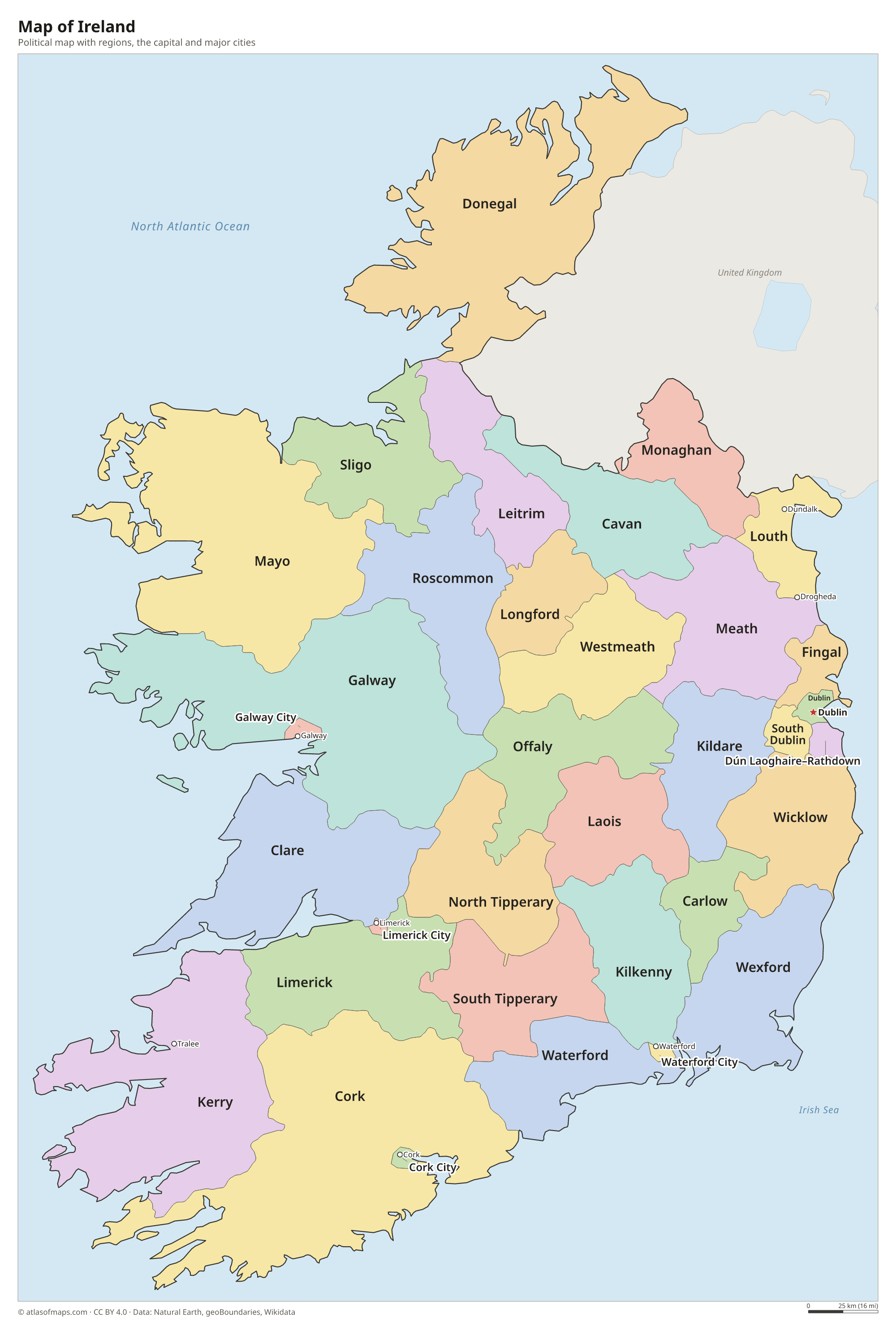 Political map of Ireland with its regions and the capital Dublin