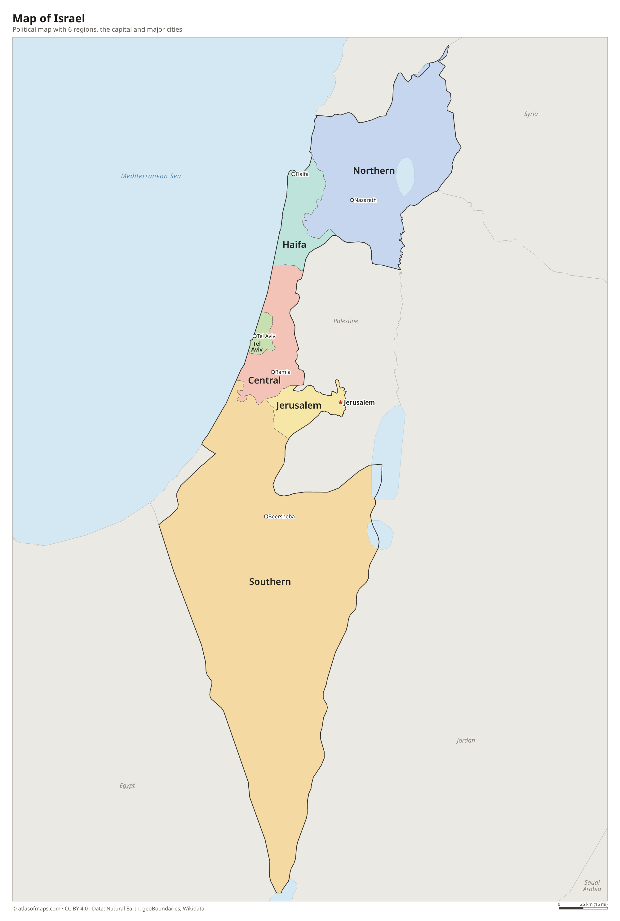Political map of Israel with its regions and the capital Jerusalem