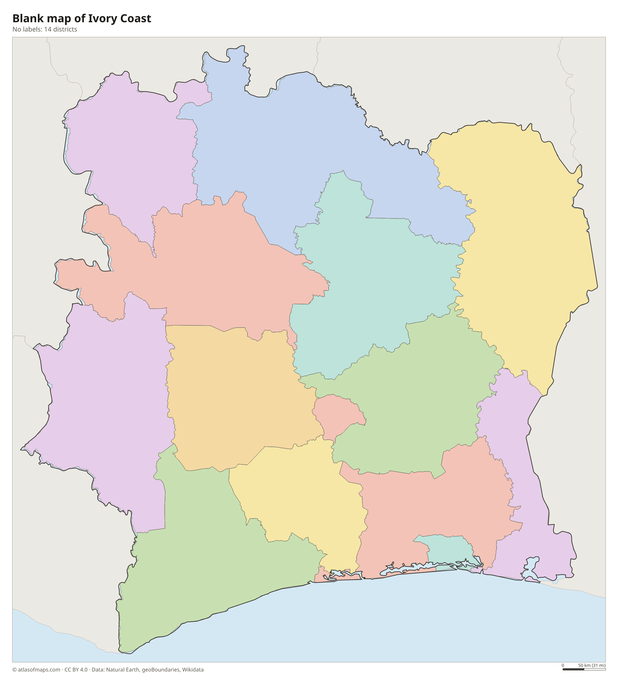 Blank outline map of Ivory Coast without labels