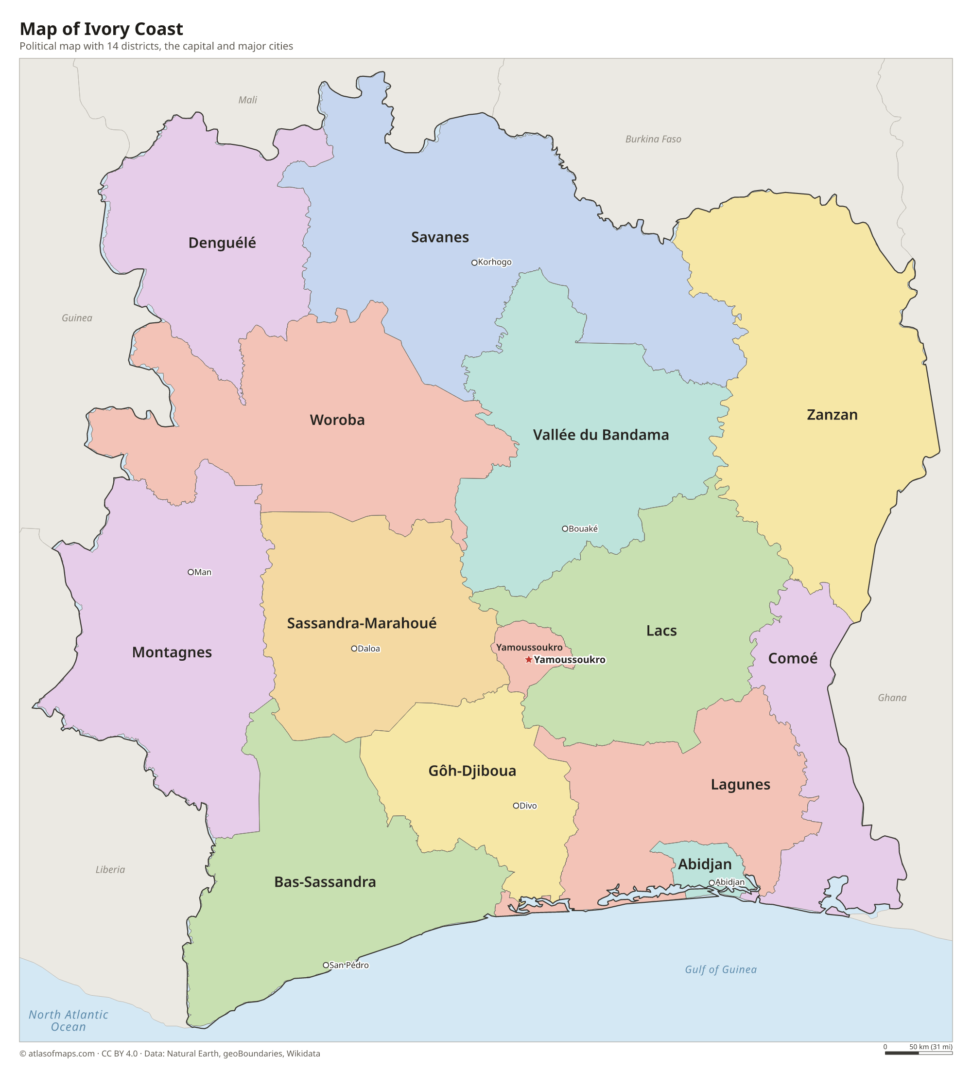 Political map of Ivory Coast with its districts and the capital Yamoussoukro