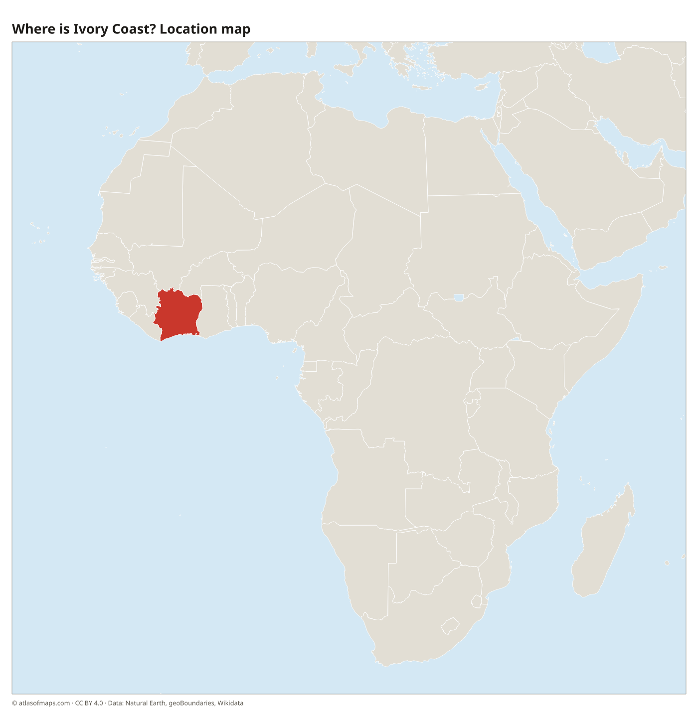 Where is Ivory Coast? Location map with Ivory Coast highlighted in red