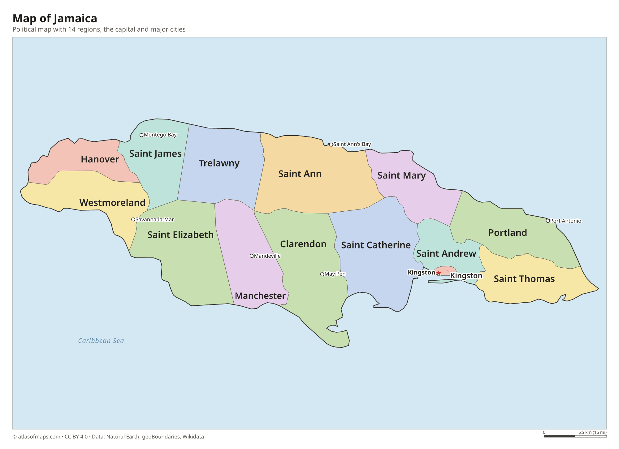 Political map of Jamaica with its regions and the capital Kingston