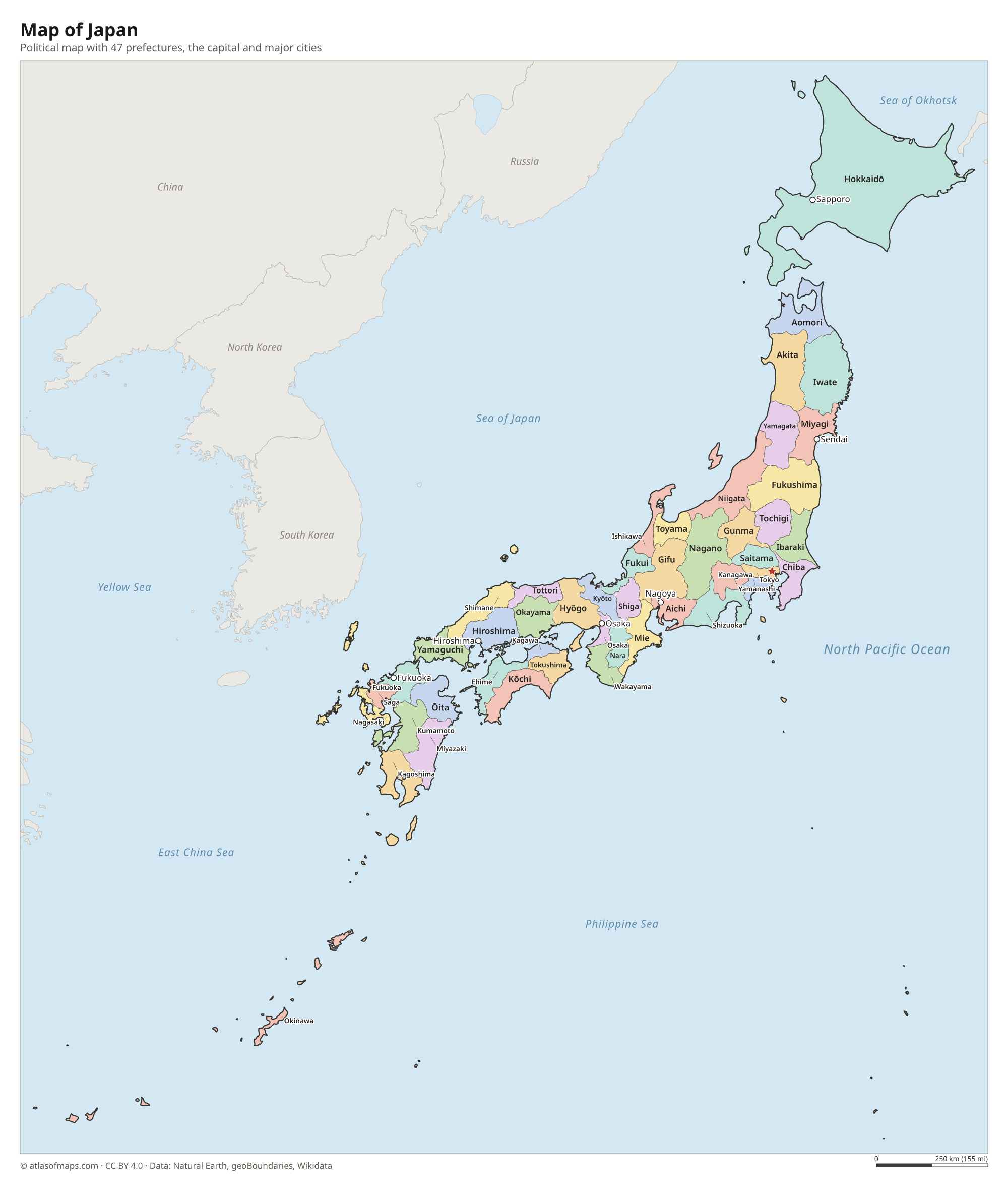 Political map of Japan with its prefectures and the capital Tokyo