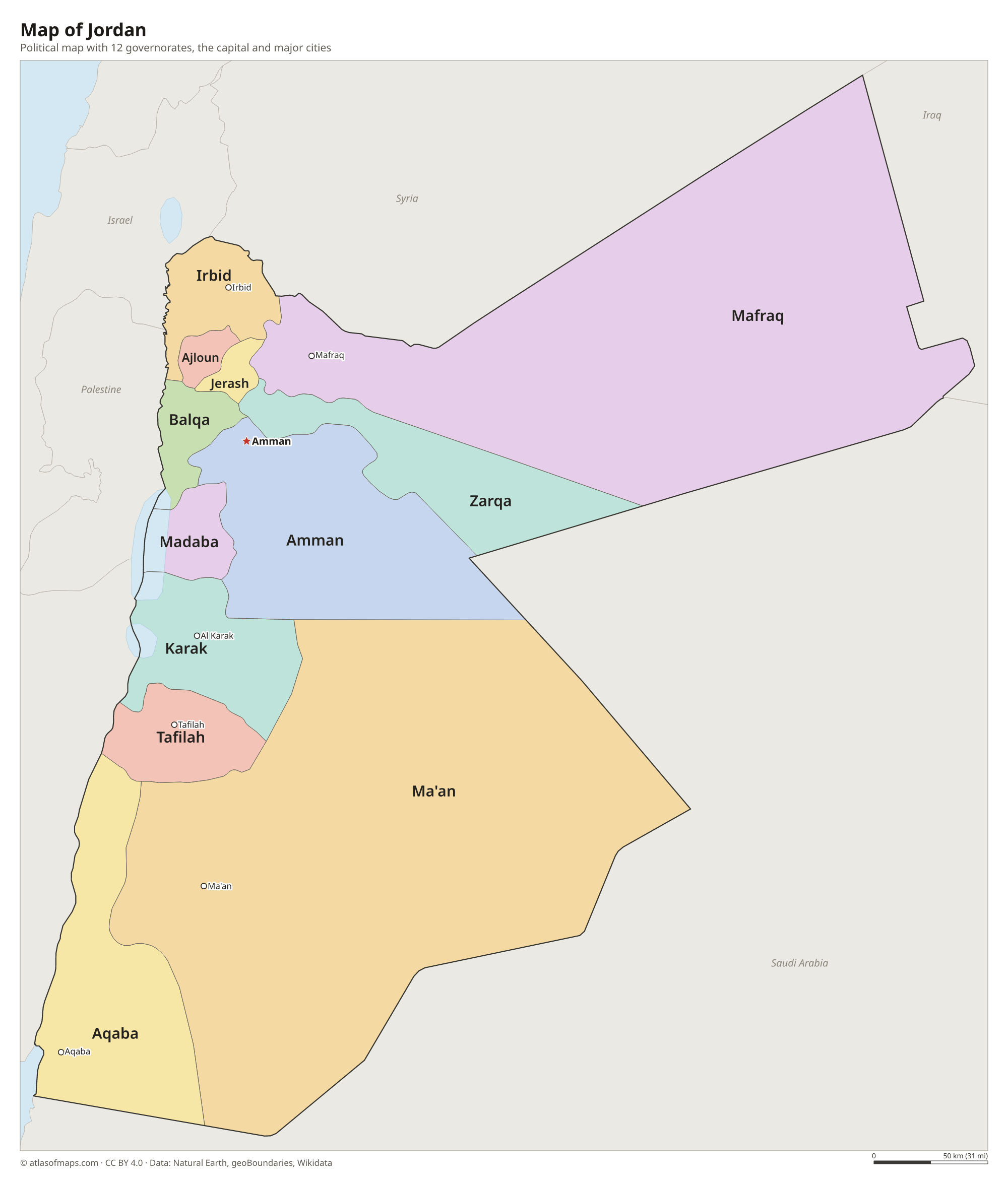 Political map of Jordan with its governorates and the capital Amman