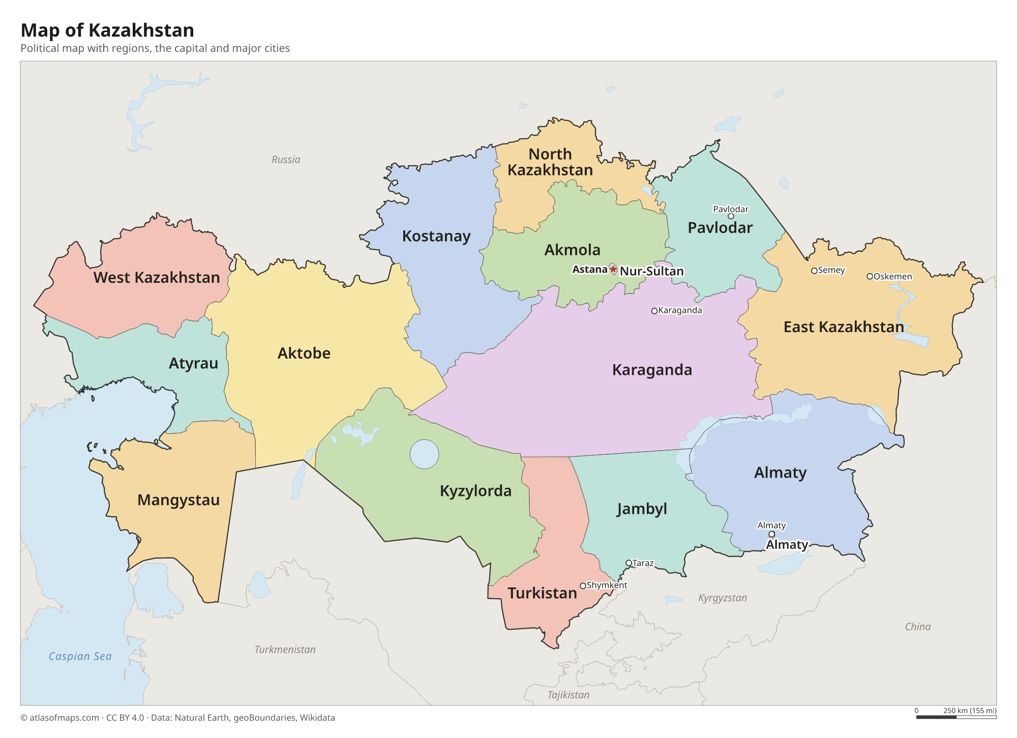 Political map of Kazakhstan with its regions and the capital Astana