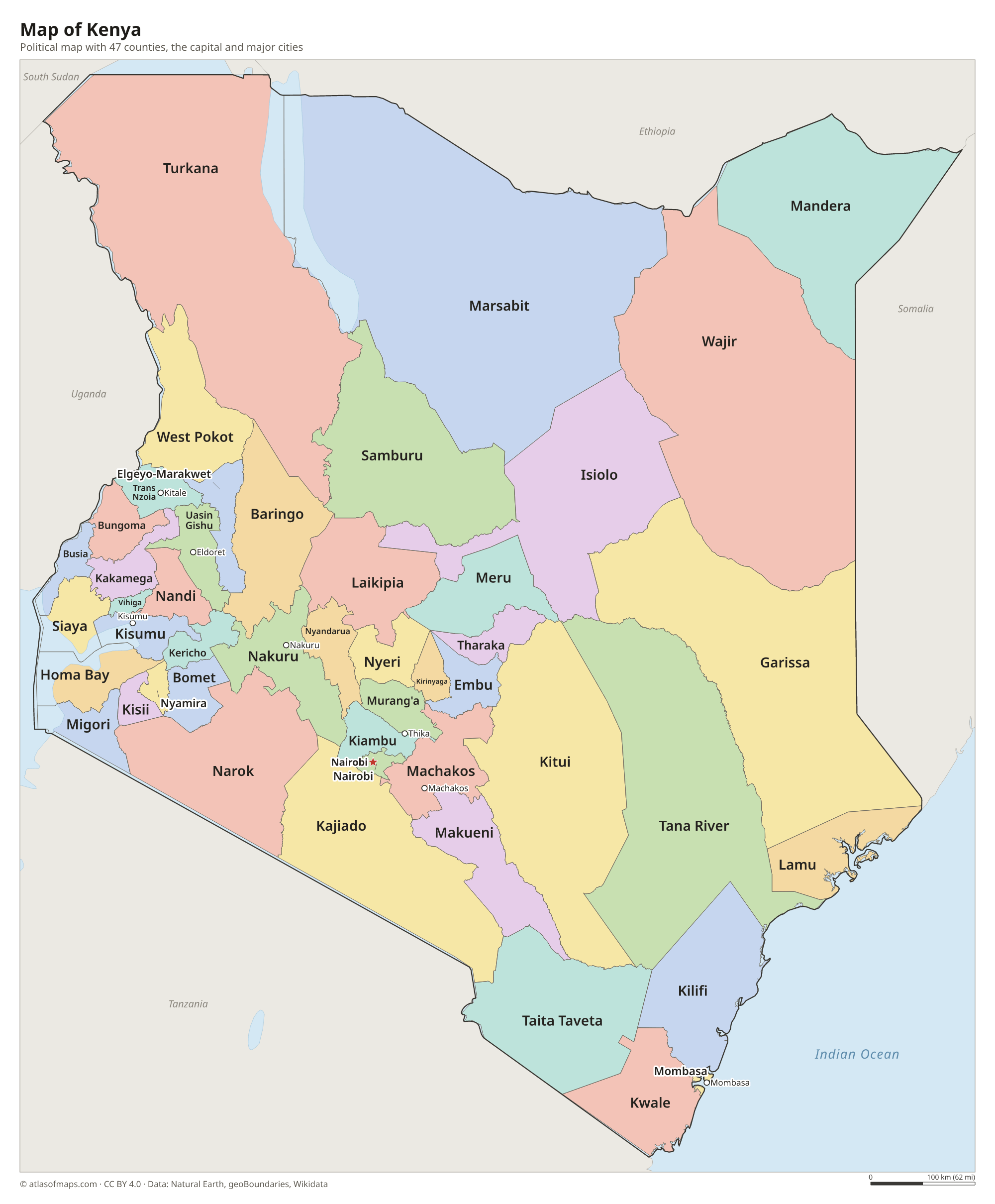 Political map of Kenya with its counties and the capital Nairobi