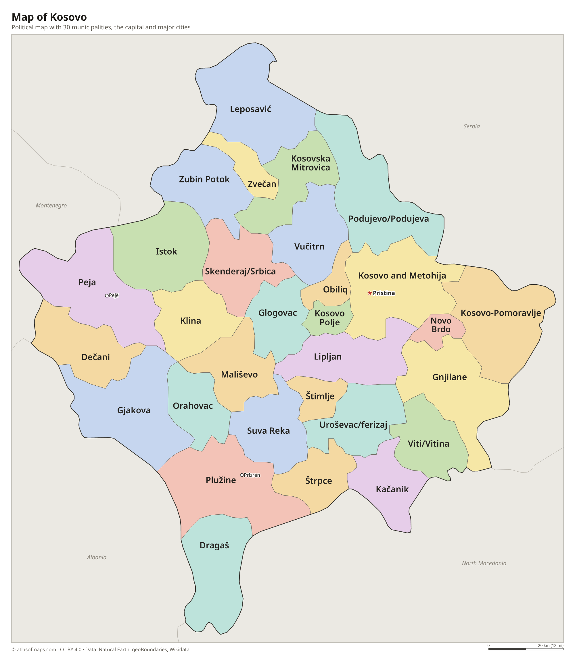 Political map of Kosovo with its municipalities and the capital Pristina