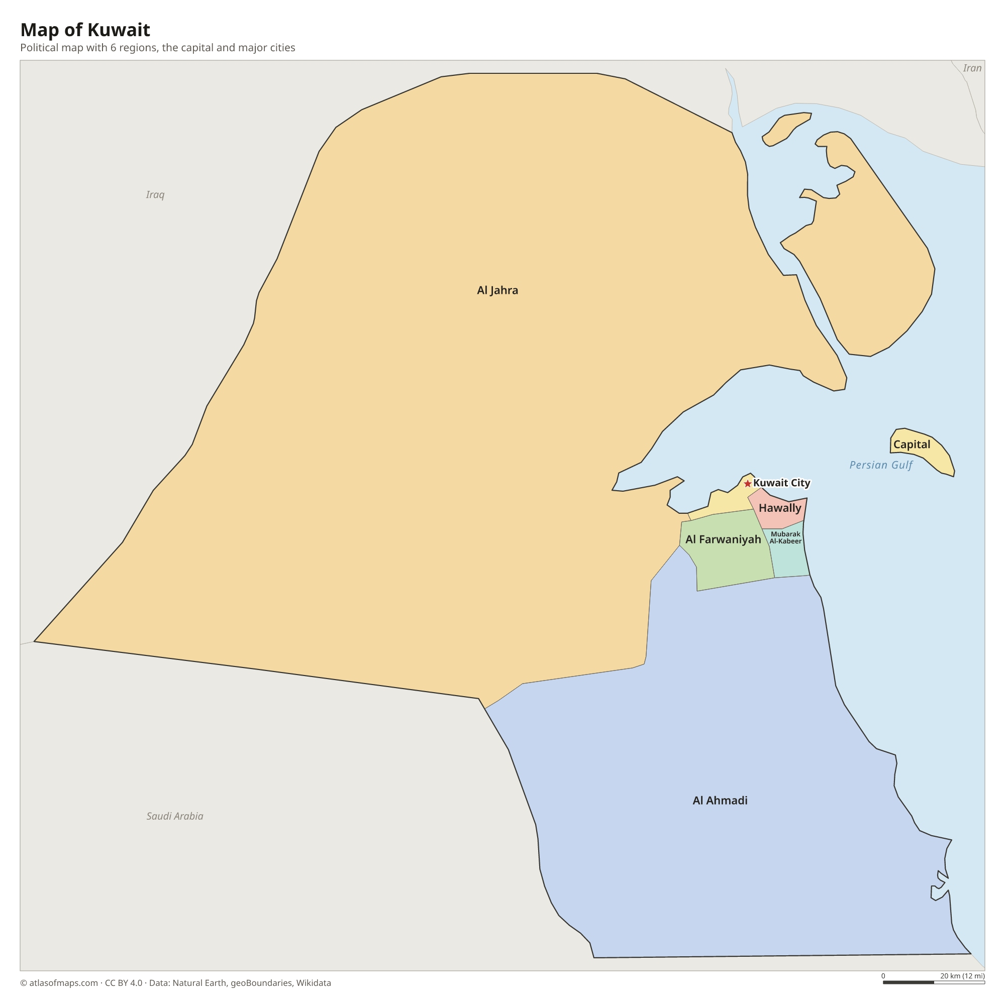 Political map of Kuwait with its regions and the capital Kuwait City