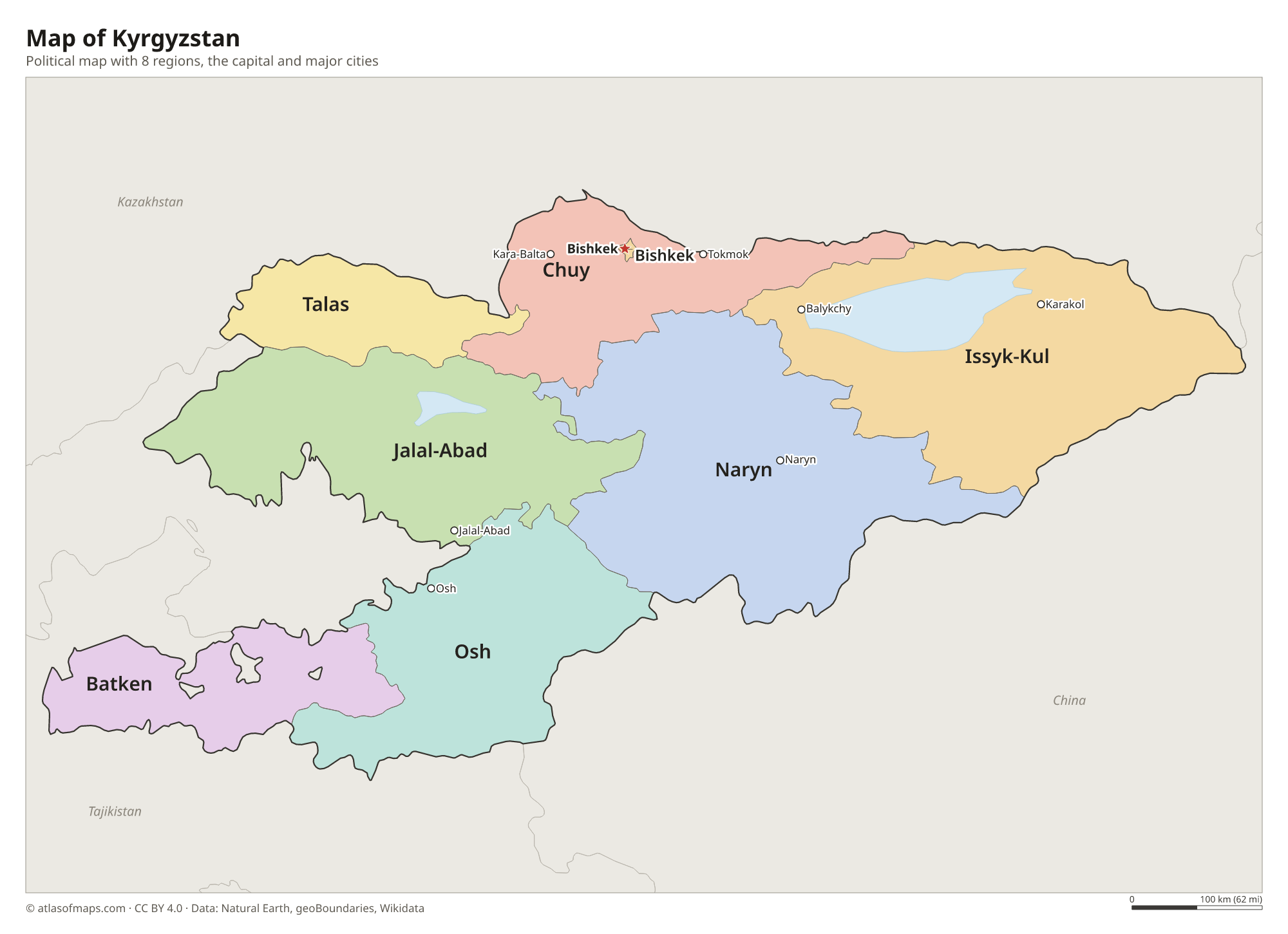 Political map of Kyrgyzstan with its regions and the capital Bishkek