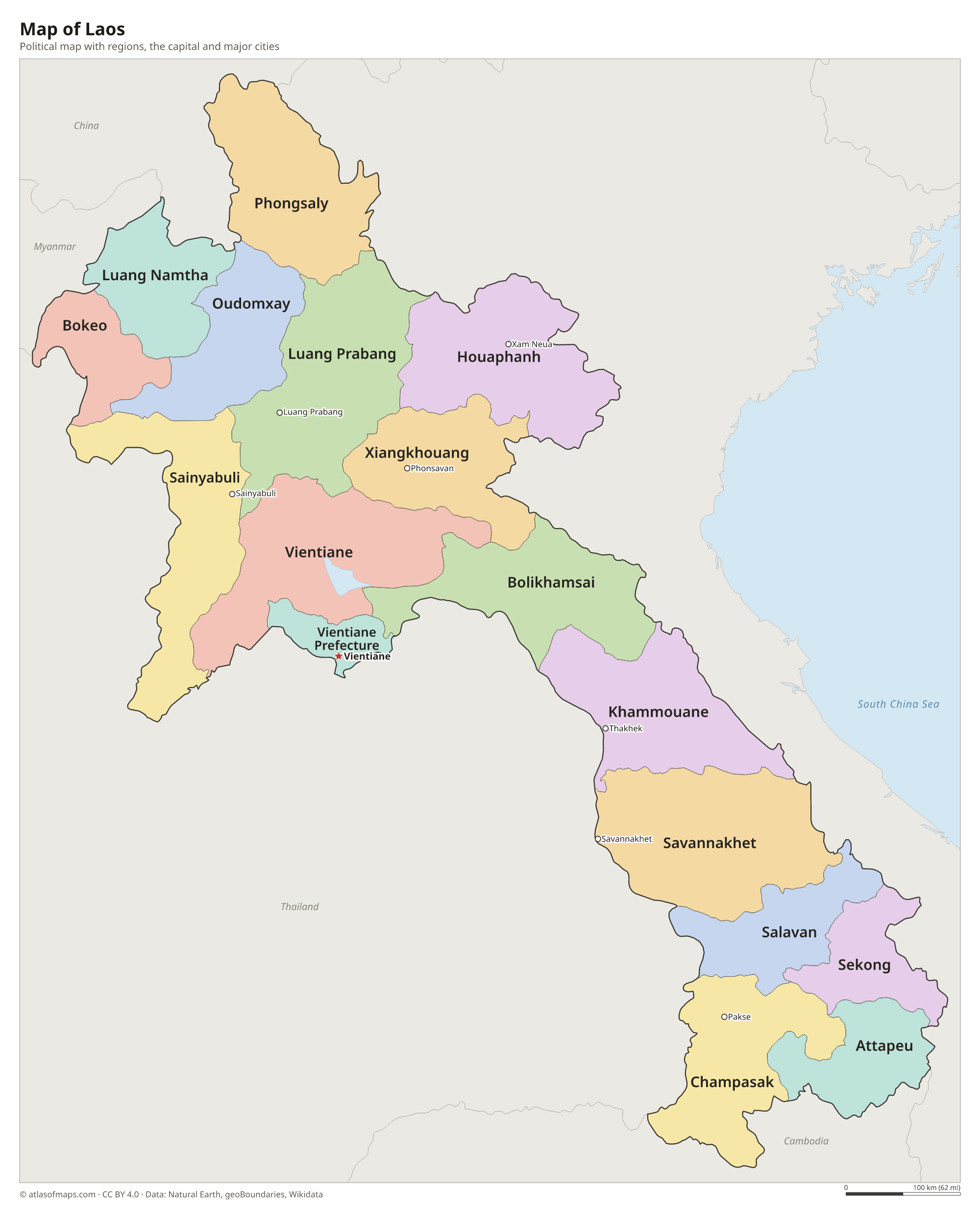 Political map of Laos with its regions and the capital Vientiane