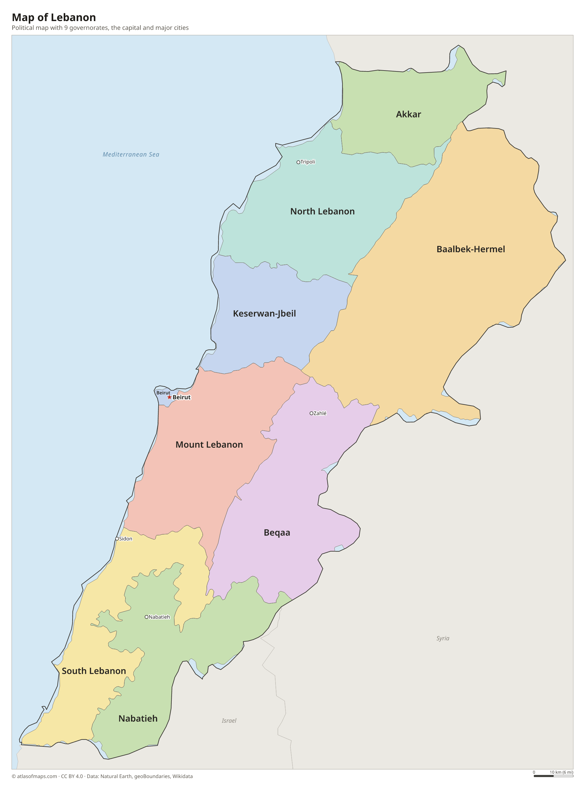 Political map of Lebanon with its governorates and the capital Beirut