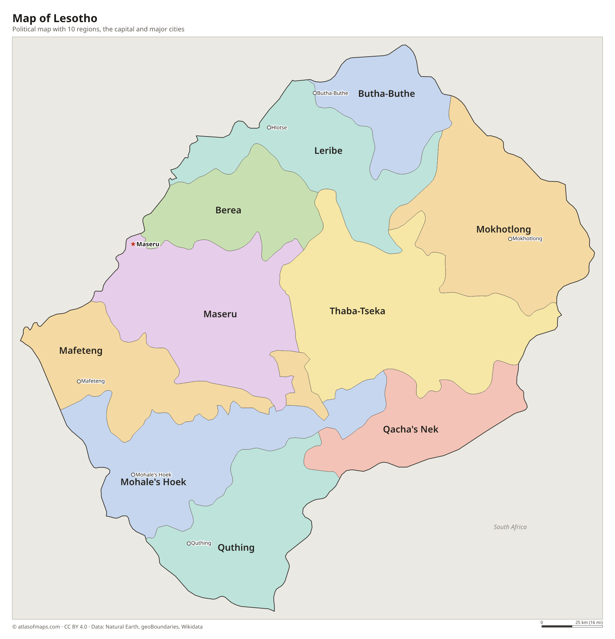 Political map of Lesotho with its regions and the capital Maseru