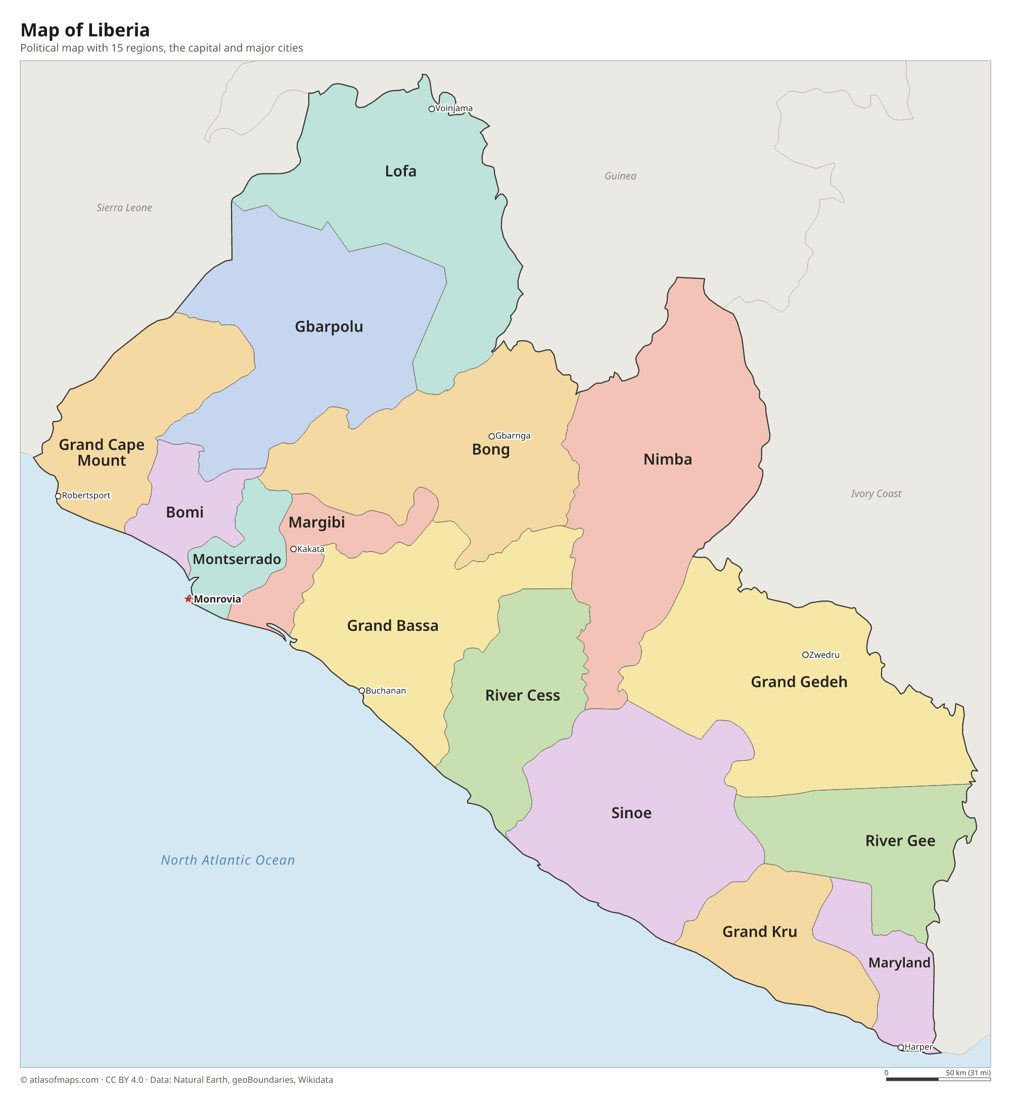 Political map of Liberia with its regions and the capital Monrovia