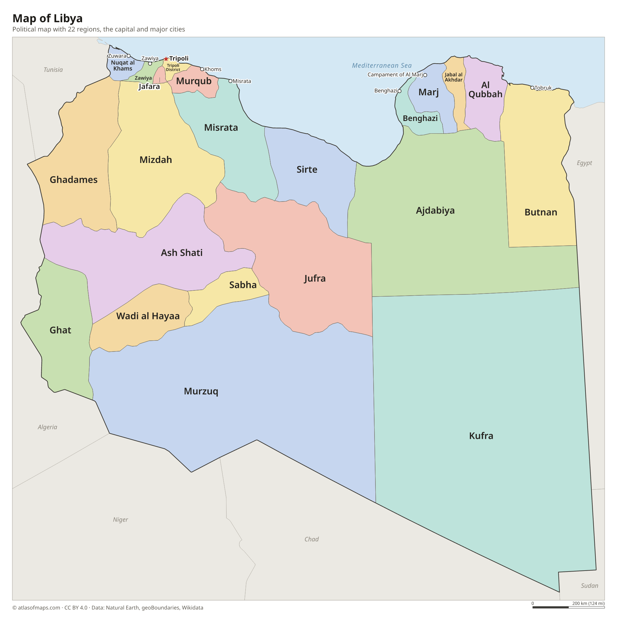 Political map of Libya with its regions and the capital Tripoli