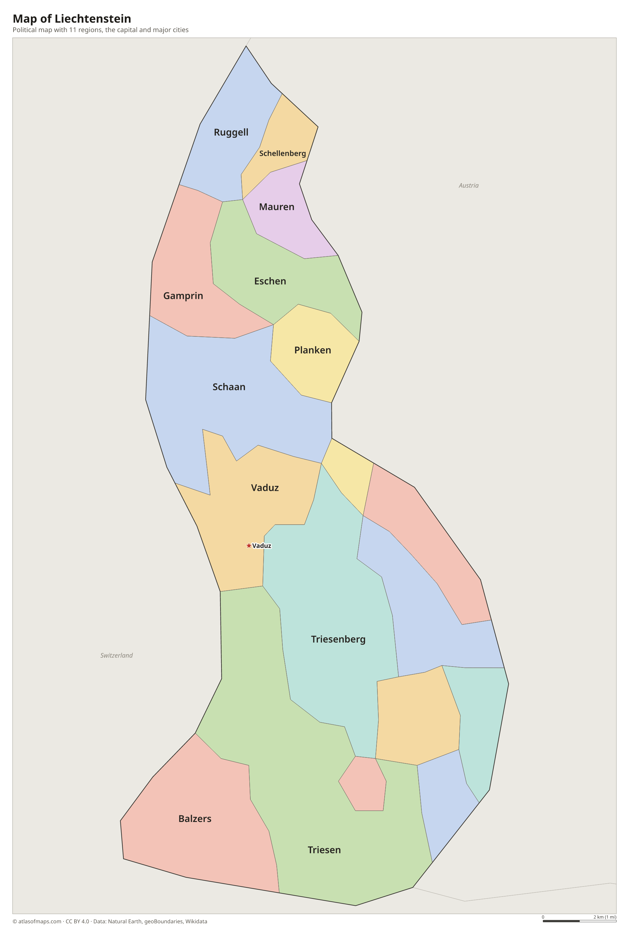 Political map of Liechtenstein with its regions and the capital Vaduz